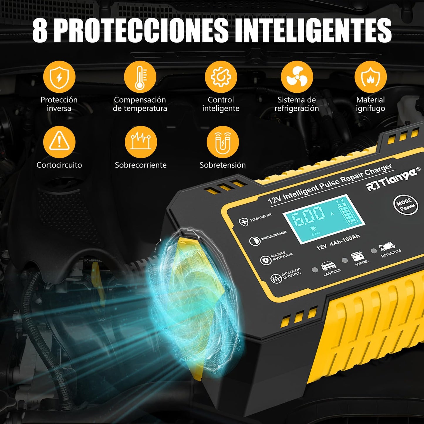 Cargador de Bateria 12V 6A, Cargador Bateria Coche con Visualización LCD y Abrazaderas, Arrancador de Bateria GEL, AGM, WET para Auto Inteligente Mantenimiento de Batería, Para Coche, Moto, Camiones