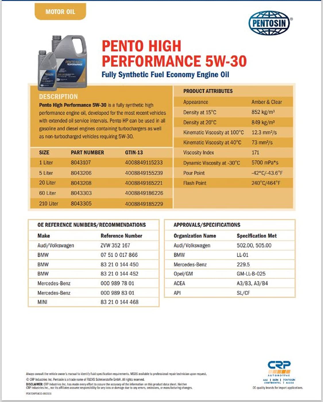 Aceite de Motor Pentosin Hp 5W-30 1 Litro