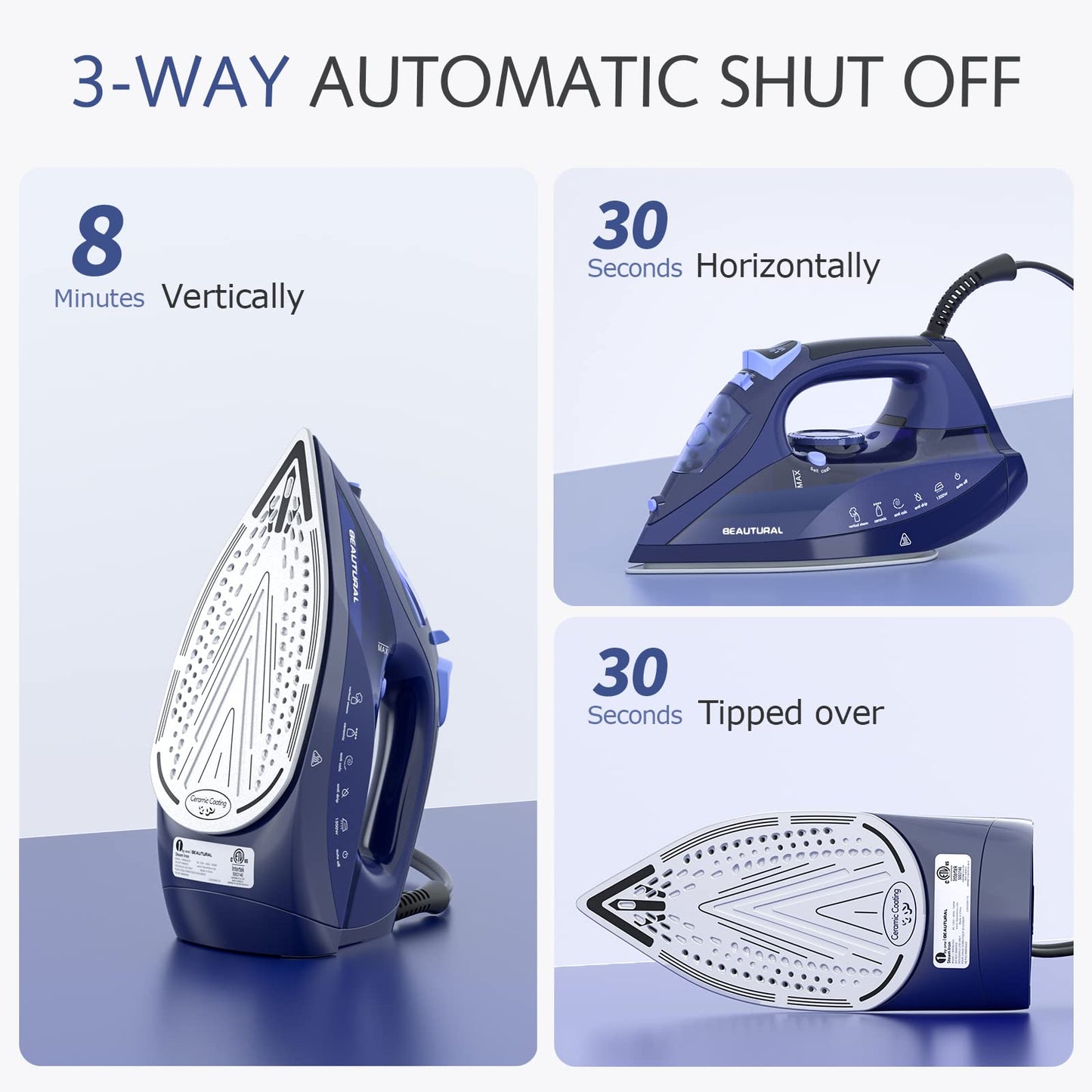 BEAUTURAL Plancha de vapor para ropa con esfera de termostato de precisión, suela recubierta de cerámica, 3 vías, auto-limpieza, anticalcio, antigoteo