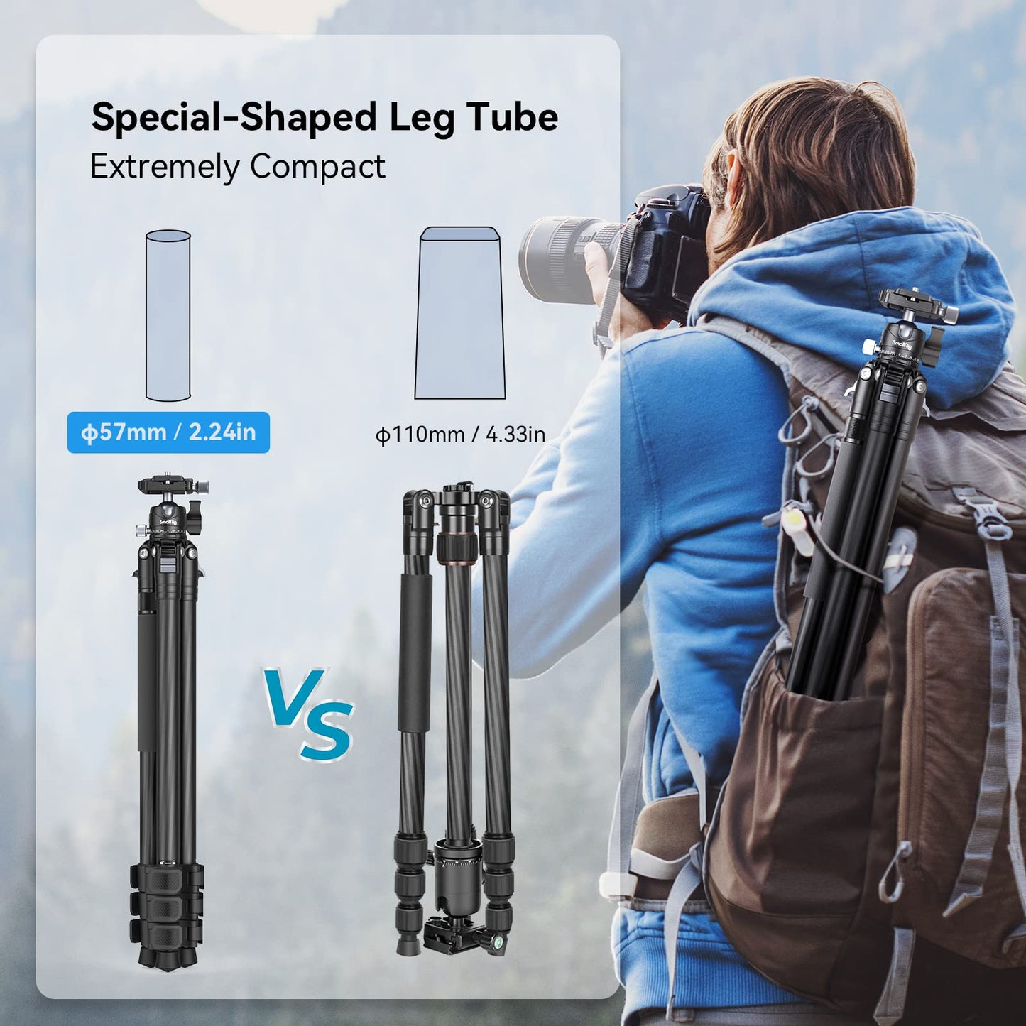 Trípode SMALLRIG Fibra de Carbono Compacto Liviano con Monopié Desmontable Rótula de Bola 360° Placa de Liberación Rápida para Carga hasta 12kg