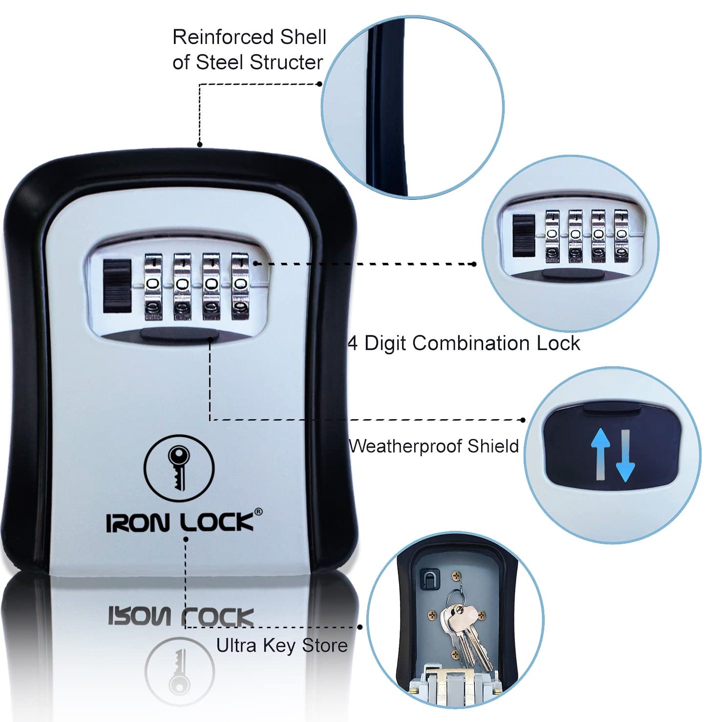 Iron Lock® - Caja de bloqueo de llaves para llaves de 4 dígitos combinación con código reajustable con interruptor A B para interiores y exteriores, impermeable, para llaves de casa de repuesto, 5