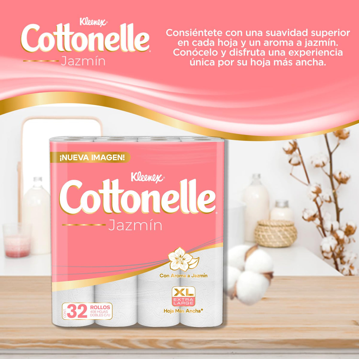 Papel Higiénico Kleenex Cottonelle Jazmín 32 Rollos 408 Hojas Dobles