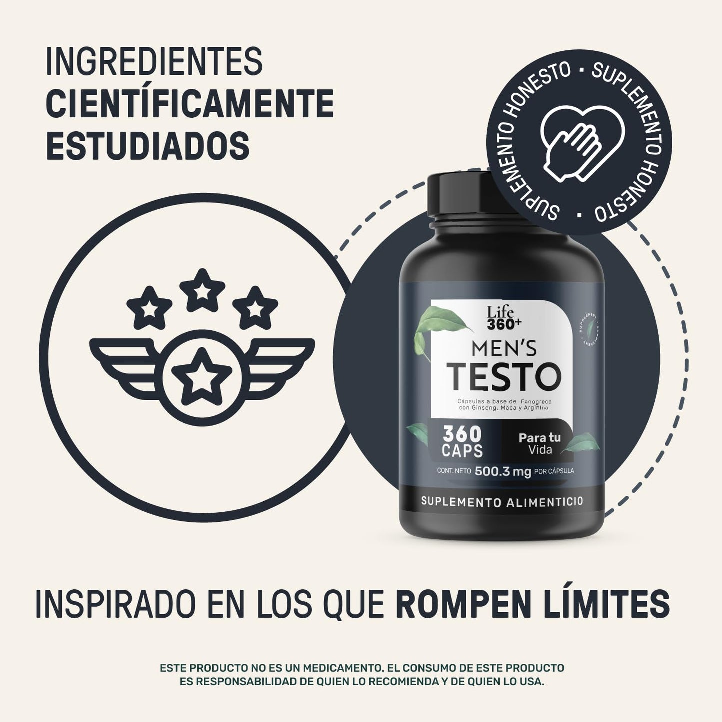 LIFE 360+ Mens Testo | 360 Cápsulas | Maca Negra, Maca Roja y Maca Amarilla, L-Arginina, Zinc, Vitamina D, Magnesio, Ginseng y Guarana | Suplemento Alimenticio | 360 Cápsulas por Envase