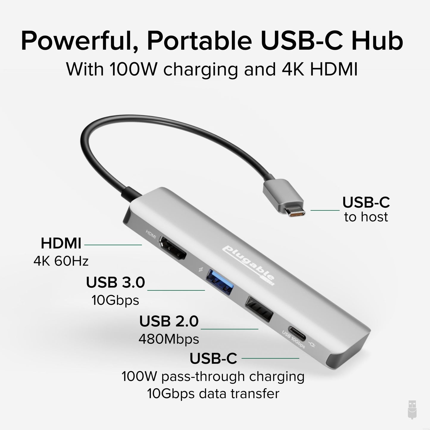 Adaptador Multipuerto USB C Plugable 100W Carga de Paso HDMI 4K 60Hz para Windows, Mac, iPad Pro y Chromebook