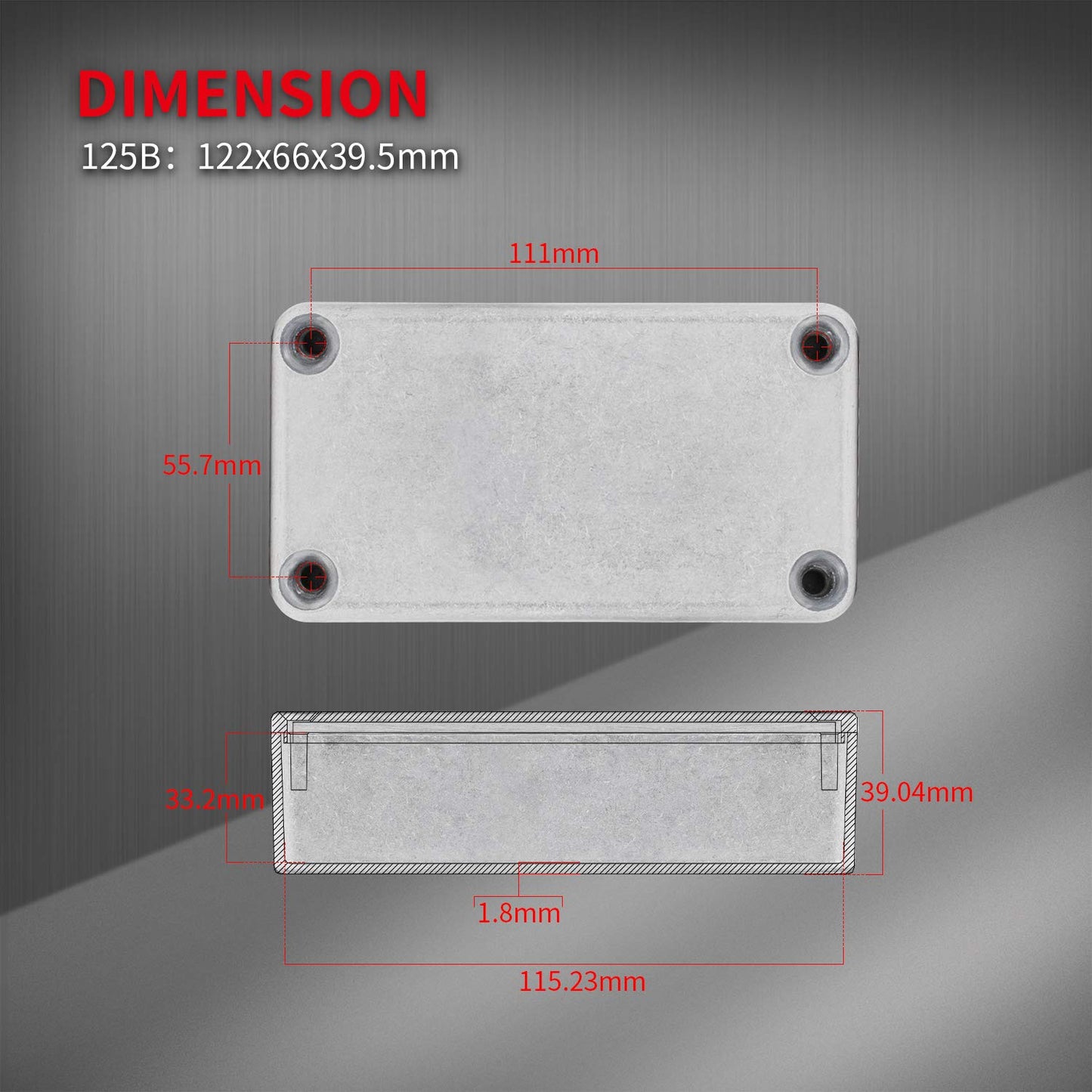 DaierTek - Caja de aluminio para pedal de efecto guitarra 125B / 1590N1, caja de metal sin acabar, 122 x 66 x 39,5 mm con patas de goma