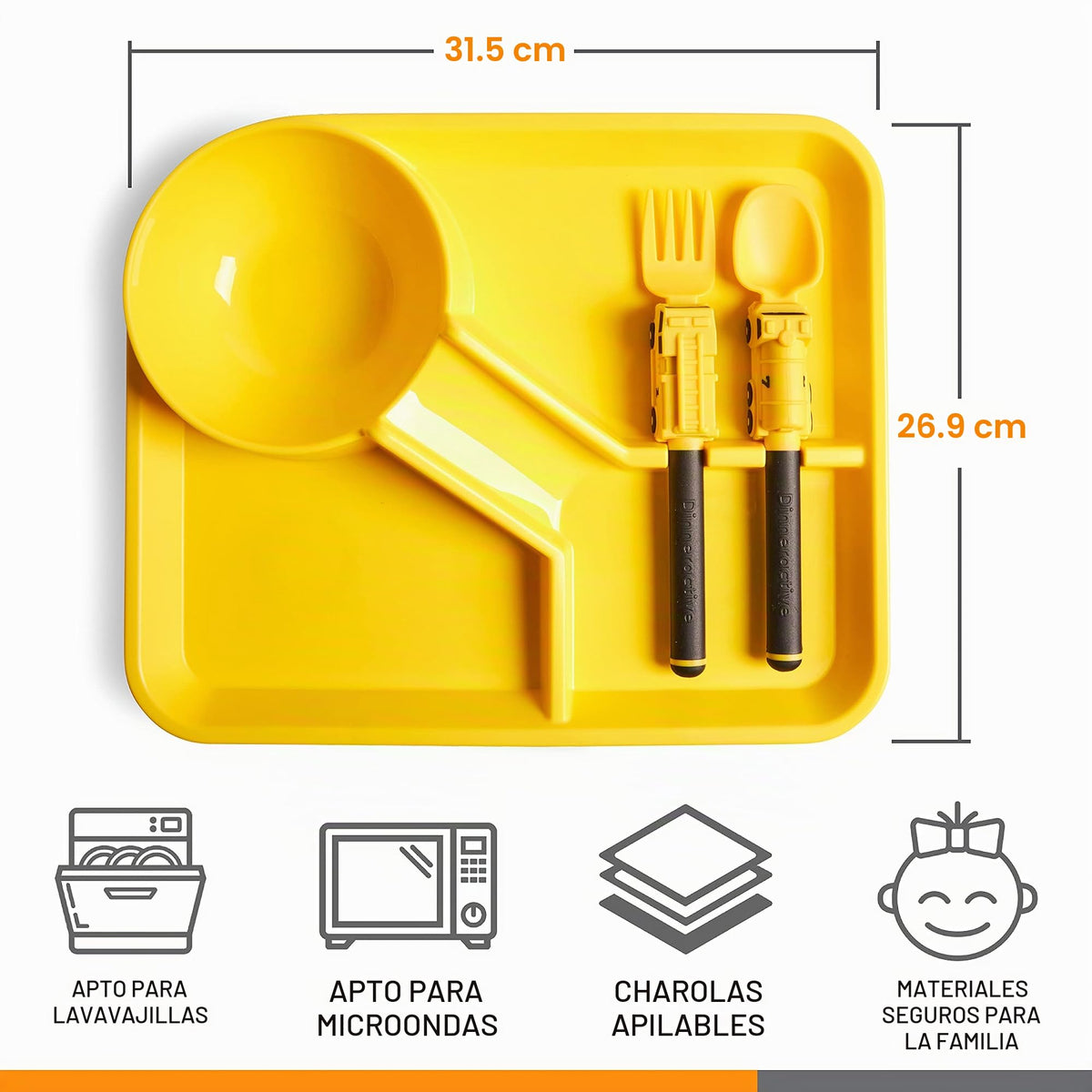 Dinneractive - Juego de comedor para niños, 3 piezas de vajilla amarilla para bomberos - Utensilios para camiones de bomberos - Platos para bebés