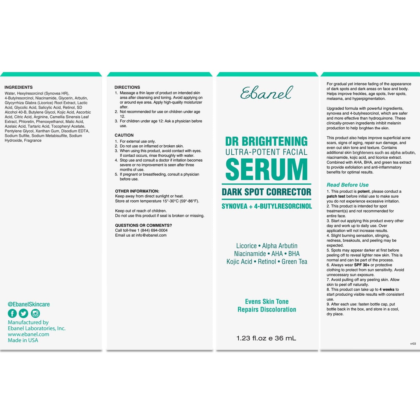 Ebanel Removedor de manchas oscuras para suero facial aclarador de la piel corrector de manchas oscuras para tratamiento de melasma e hiperpigmentación con ácido azelaico, ácido kójico, alfa arbutina