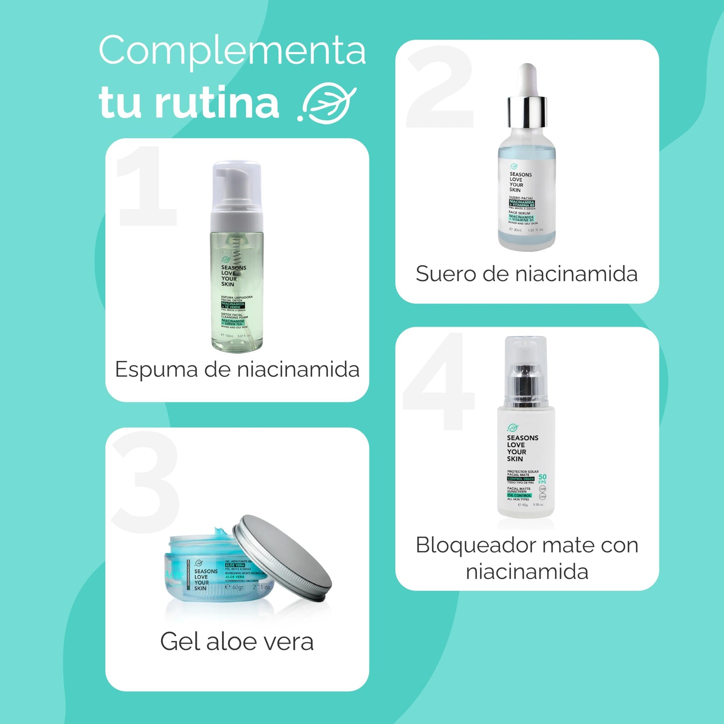 Seasons Love Your Skin Tratamiento con Niacinamida: Limpiador Facial en Espuma Detox + Serum Facial Niacinamida + Protector Solar FPS 50 Efecto Mate
