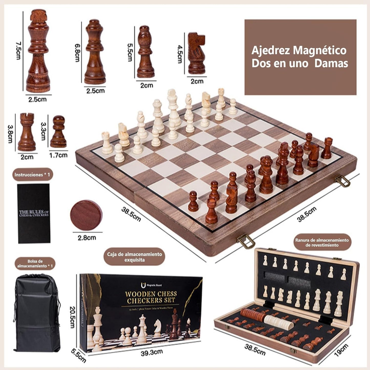 Ajedrez Magnético Profesional 39x39cm con Tablero Plegable y Bolsa de Almacenamiento para Adultos y Niños