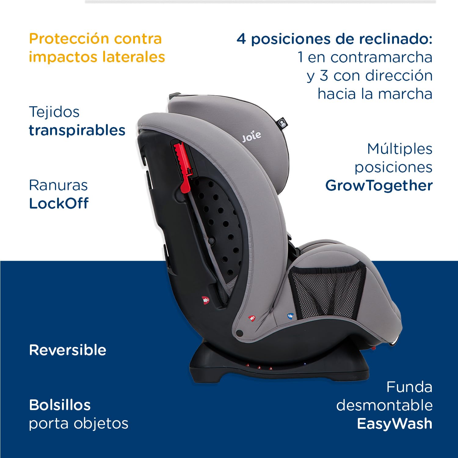 Autoasiento Joie Gris con Sistema contra Impactos Laterales y de Reclinado para Bebé hasta 8 Años Reversible
