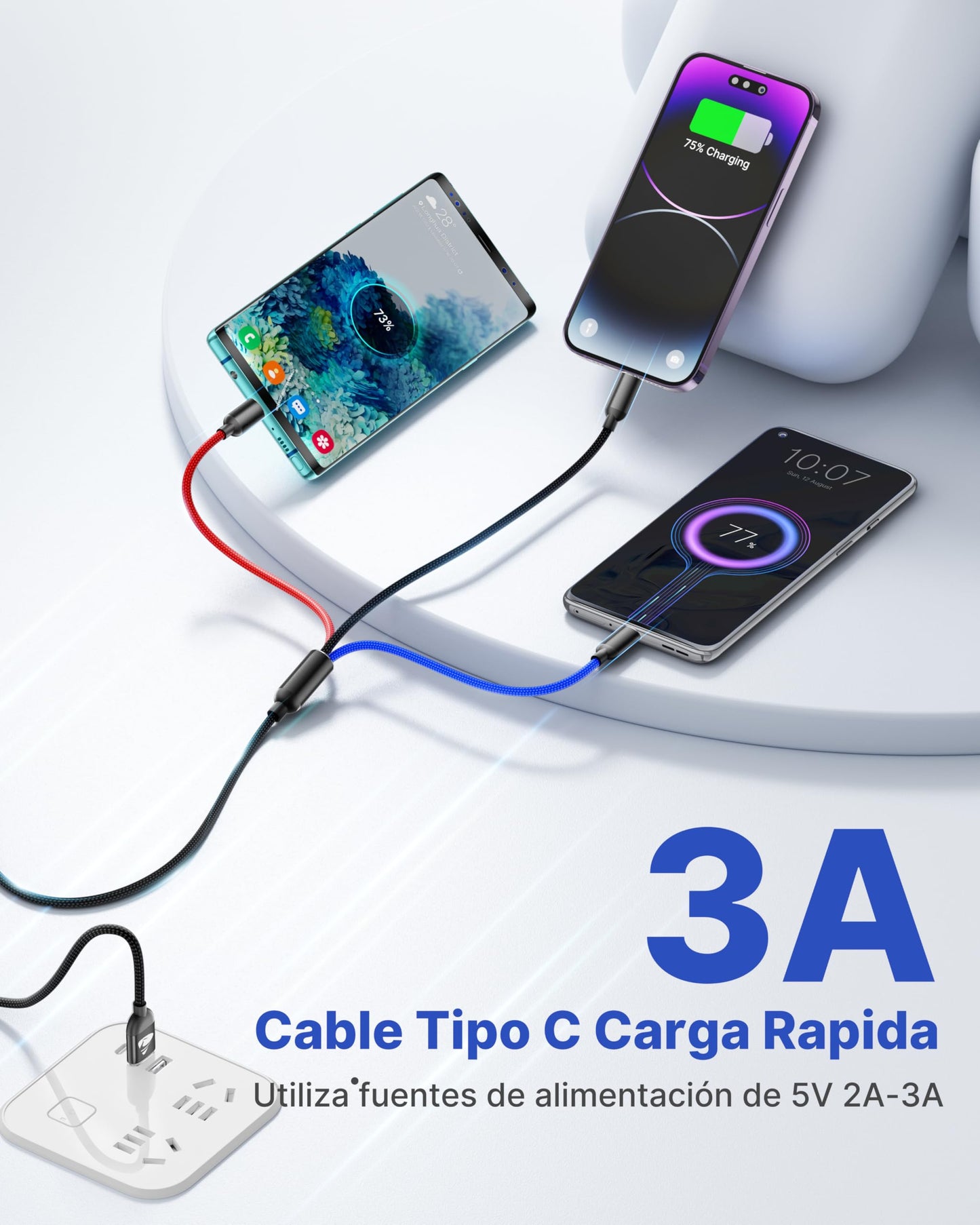Cable Cargador Aioneus USB 3 en 1 Nailon Carga Rápida Tipo C Micro USB Lightning 1.2M 2 Pack