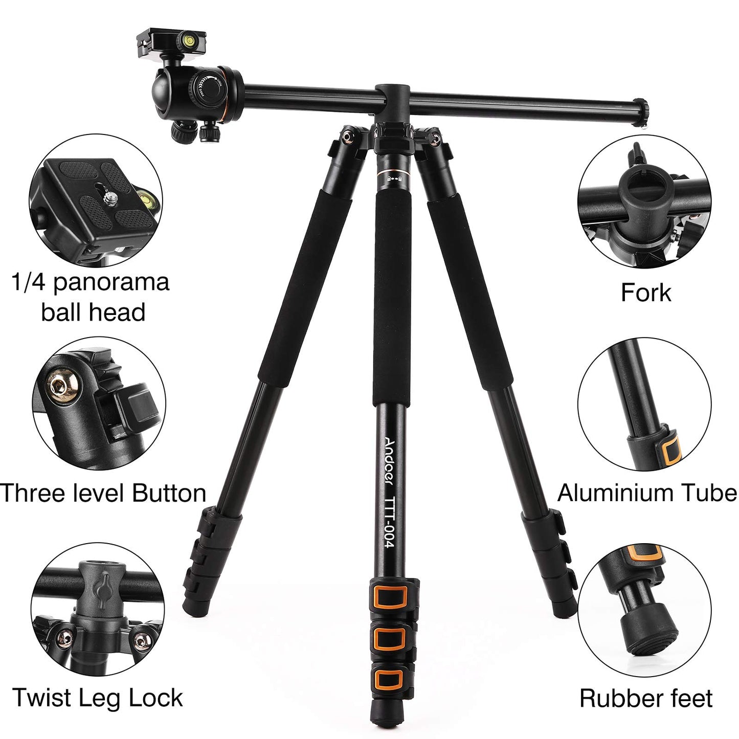 Andoer - Trípode de cámara de 78 pulgadas, trípode horizontal DSLR ligero (4 libras) – trípodes y monopodos de cámara 2 en 1 con cabeza de bola de 360°, aleación de aluminio, carga máxima de 22 libras