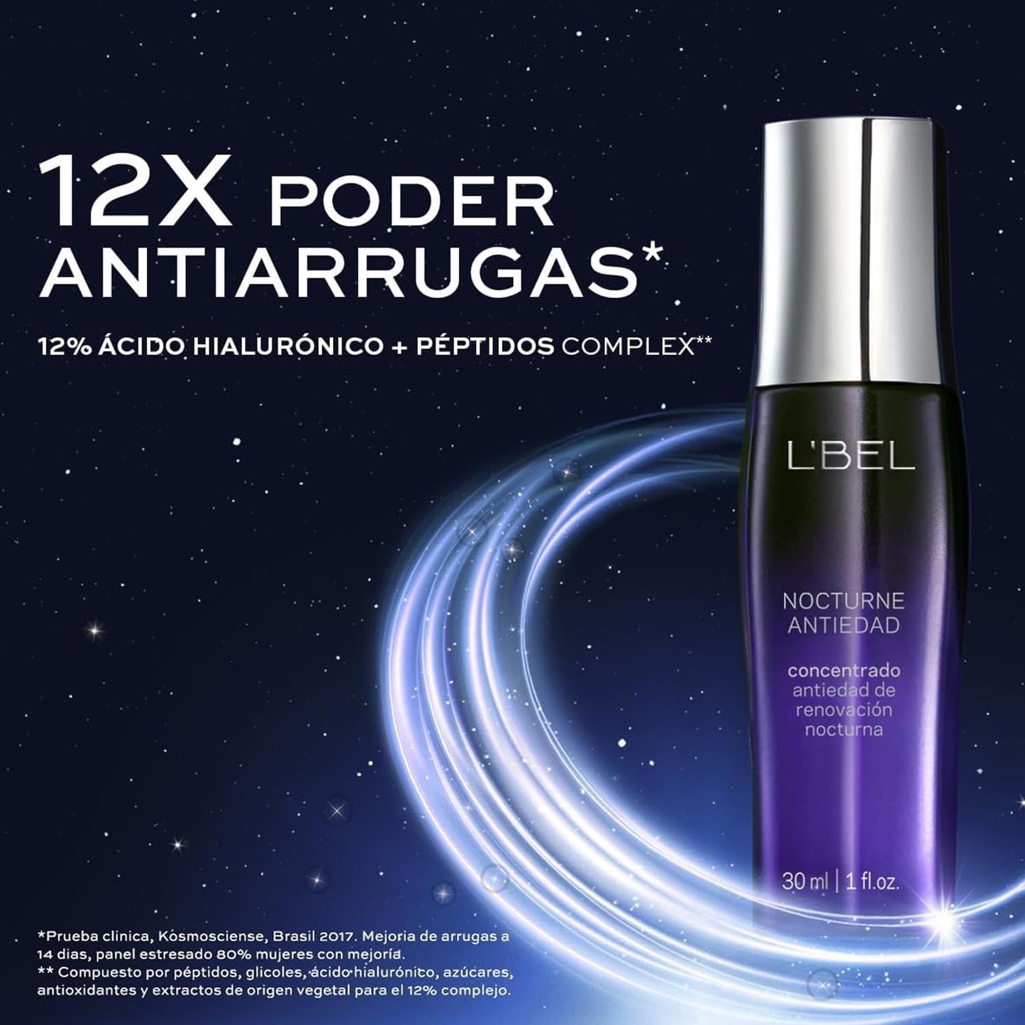 L'BEL - Nocturne Sérum Antiedad Concentrado 30 ml, Tratamiento Nocturno en Suero, Antiarrugas con Ácido Hialurónico, Piel Hidratada, Rápida Absorción, para Todo Tipo de Pieles