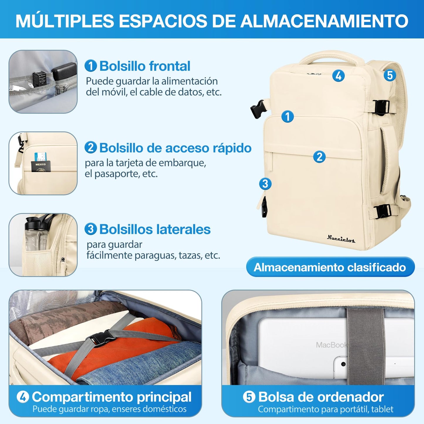Mochila de Viaje para Laptop 15,6 Pulgadas Beige Impermeable de Gran Capacidad para Hombres y Mujeres