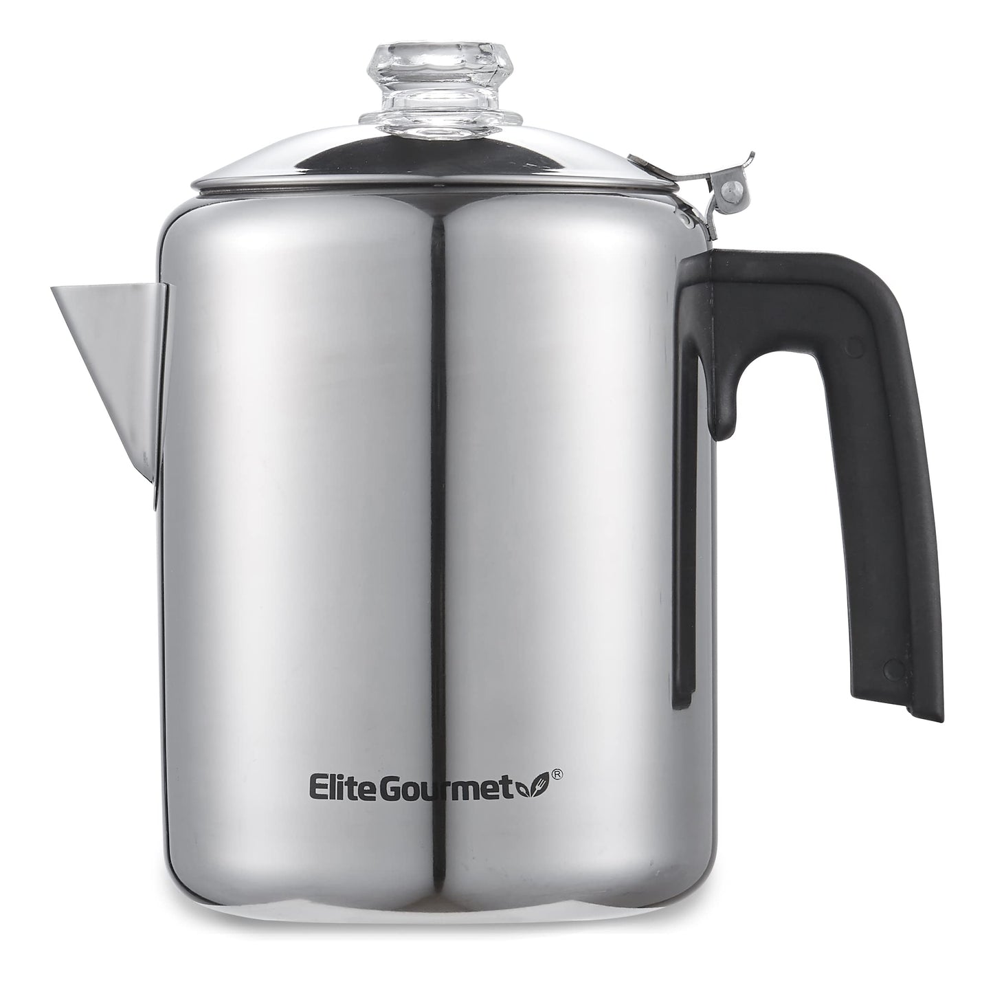 Elite Gourmet EC008 - Percolador de café clásico para estufas, perilla de progreso de cerveza transparente, mango de tacto fresco, servicio inalámbrico, 8 tazas, acero inoxidable