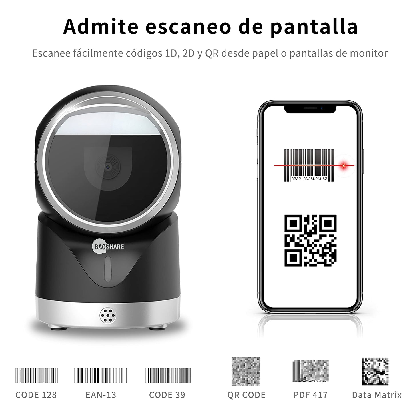 BAOSHARE Escáner de código de Barras de Escritorio 1D 2D QR, Lector de código de Barras USB automático Manos Libres omnidireccional