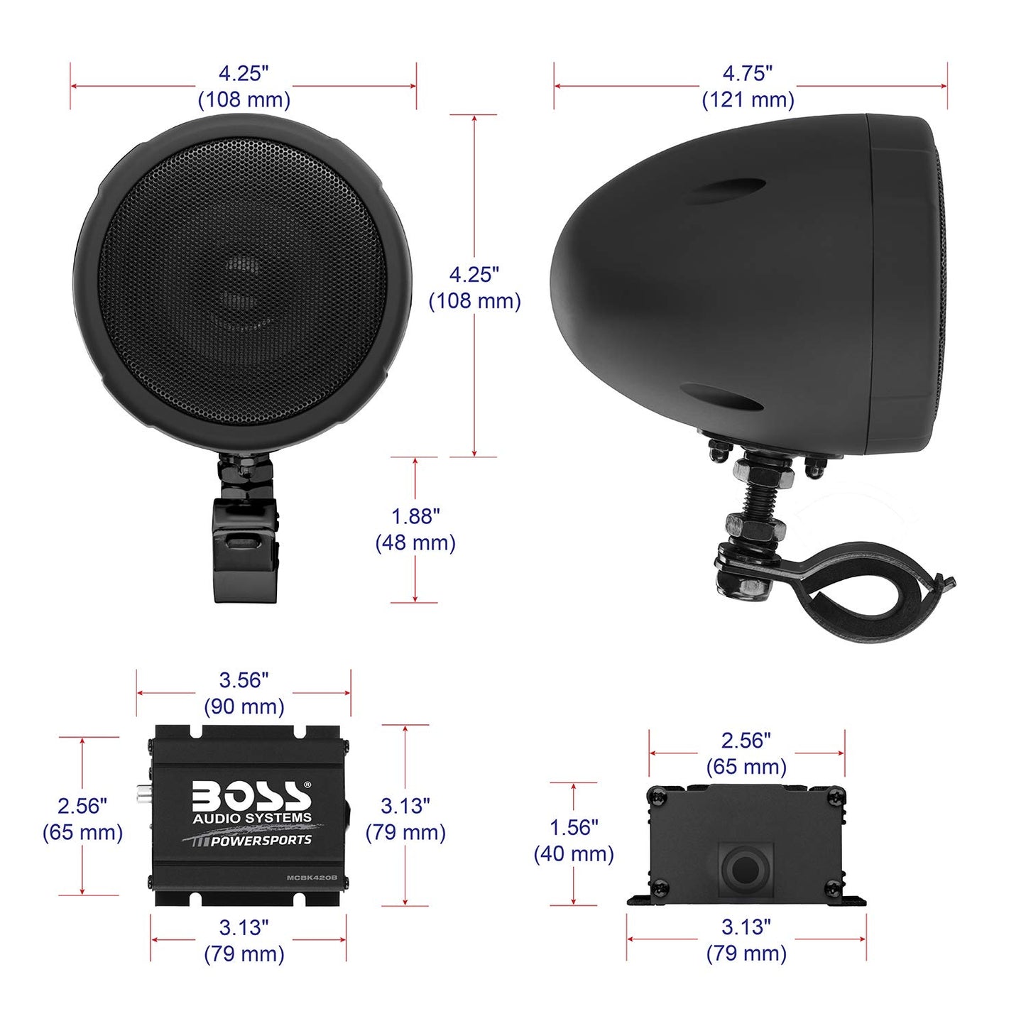 BOSS Audio MCBK420B Bluetooth Enabled Motorcycle/UTV Speaker and Amplifier System, 3" Waterproof