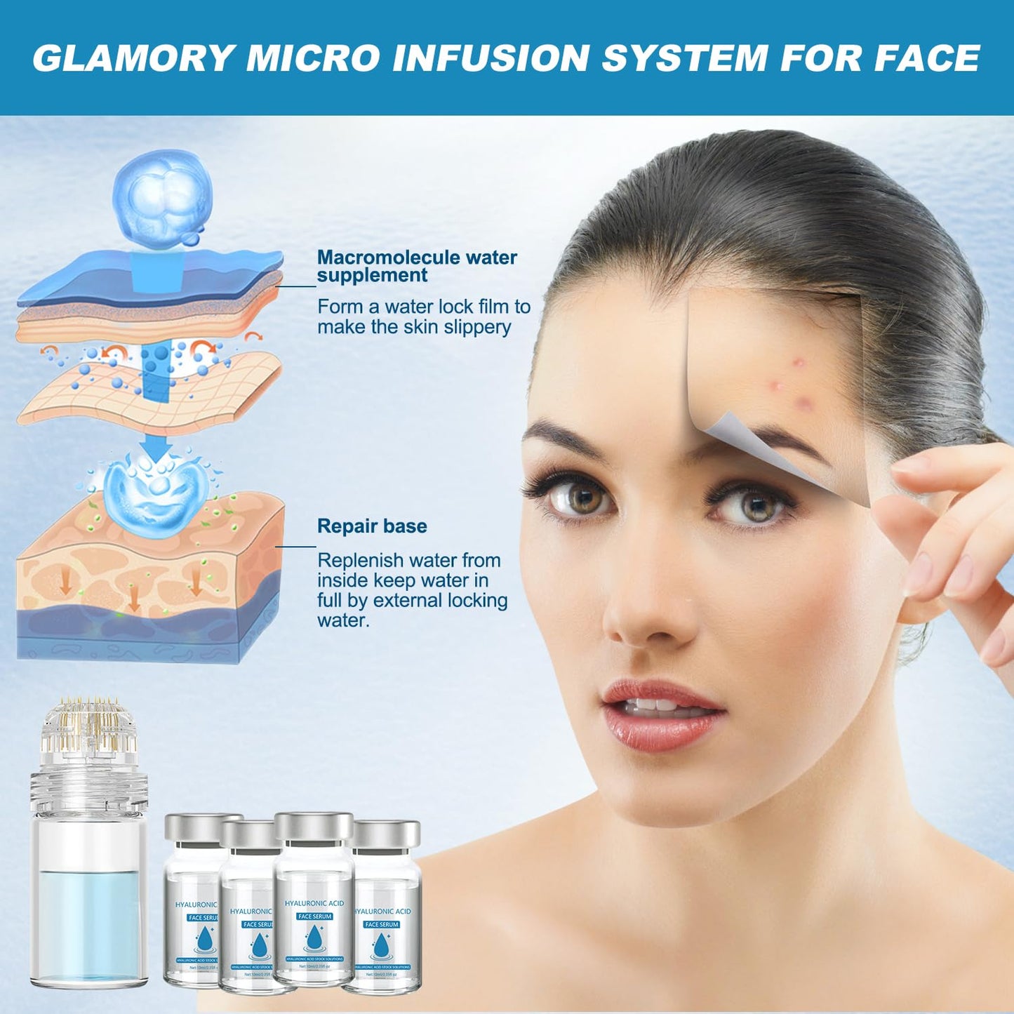 Sistema de microinfusión para labios, sistema micro para rostro, suero facial para piel suave y delicada para todo tipo de piel (1 herramienta de microsistema + 4 sueros faciales)