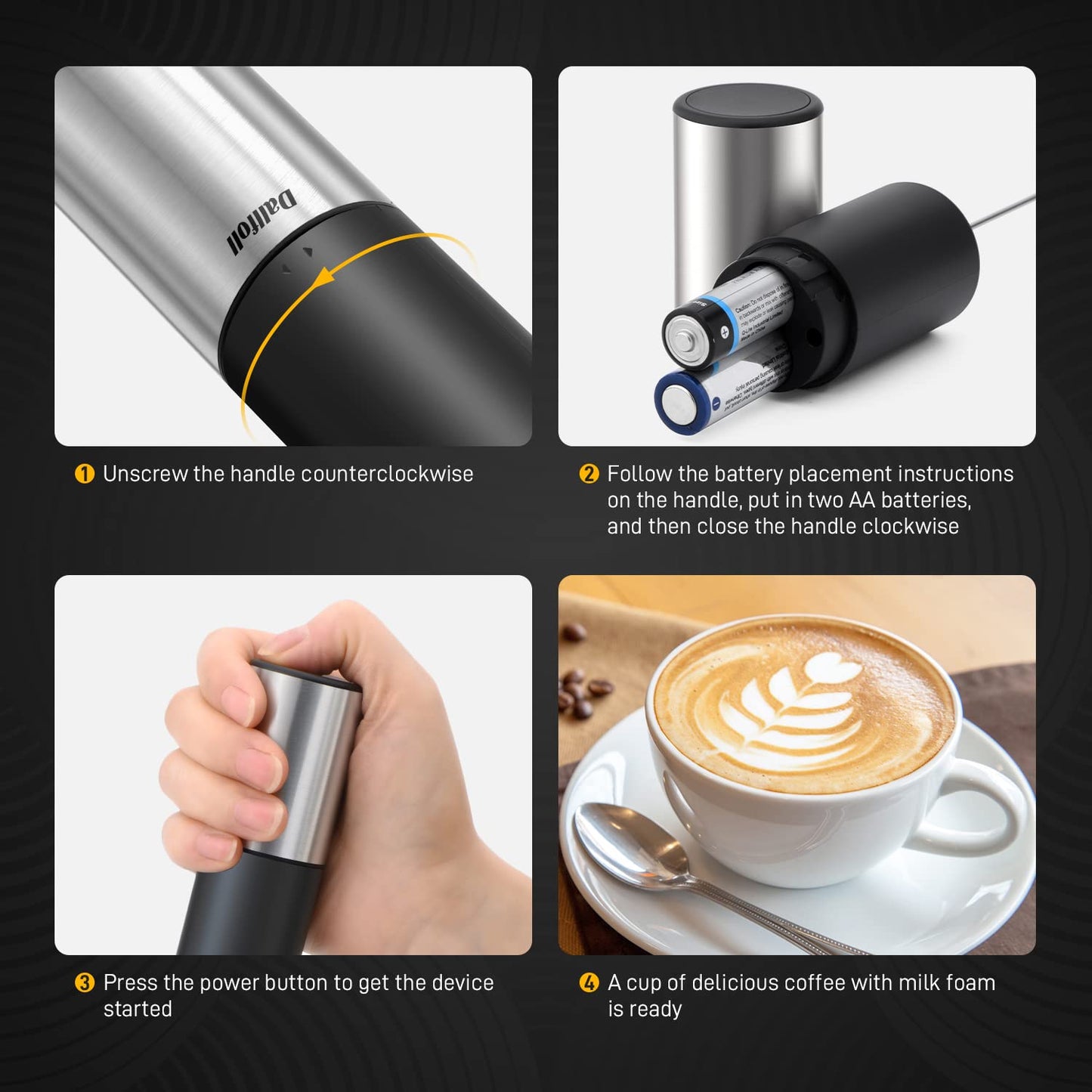 Dallfoll Espumador de Leche de Mano,Batidor Manual para Café, Lattes,Mini Espumador para Capuccino, Frappe, Matcha, Chocolate Caliente,Espumador Eléctrico de Mano a Pilas para Hacer Espuma