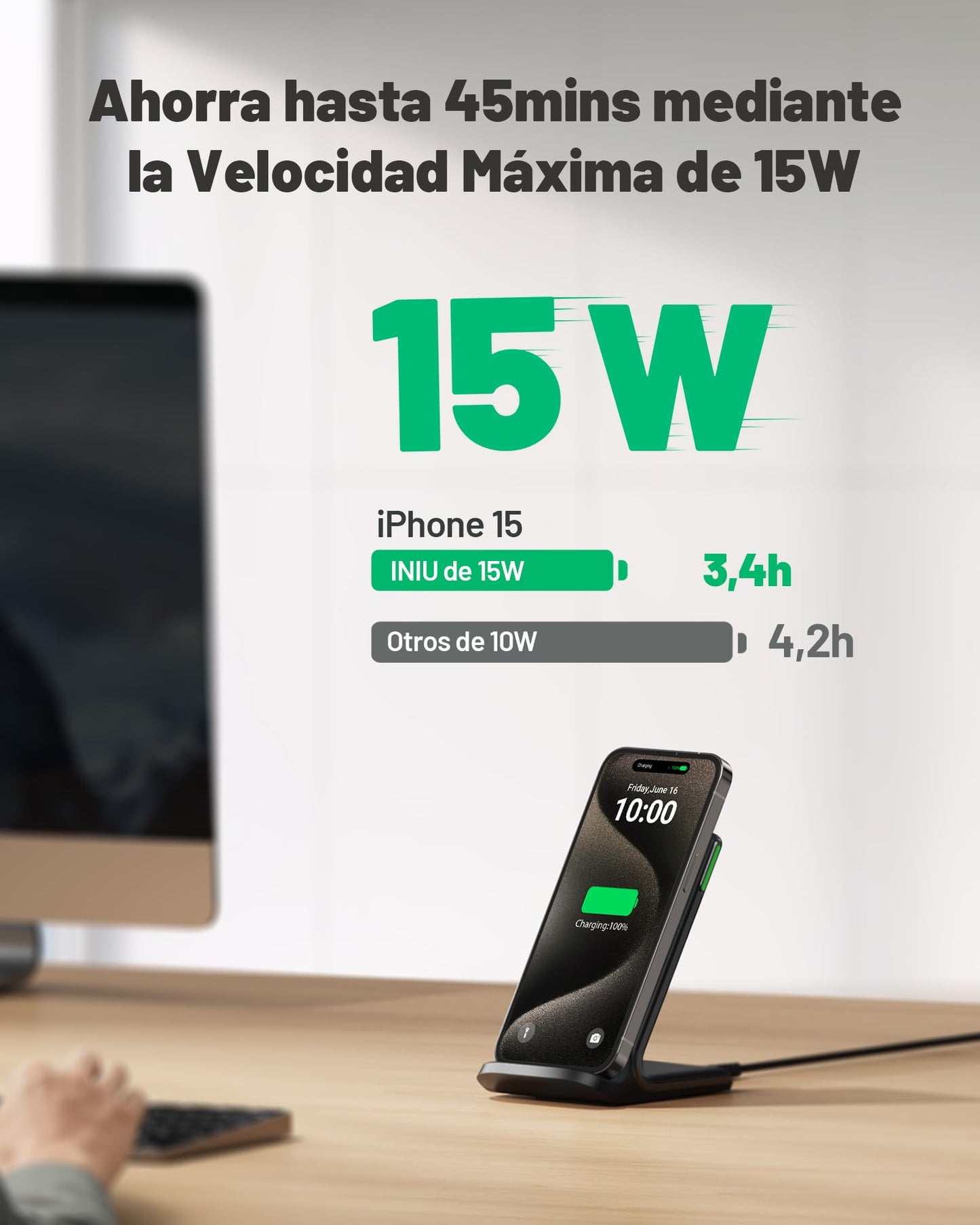 INIU Cargador Inalámbrico, 15W Qi Estación de Carga Inalámbrica,Wireless Base de Carga Rapida con Cable USB-C 1M, Accesorios para Celular iPhone 16 Pro MAX 15 14 13,Samsung s25 Ultra s24 s23 s21 etc.