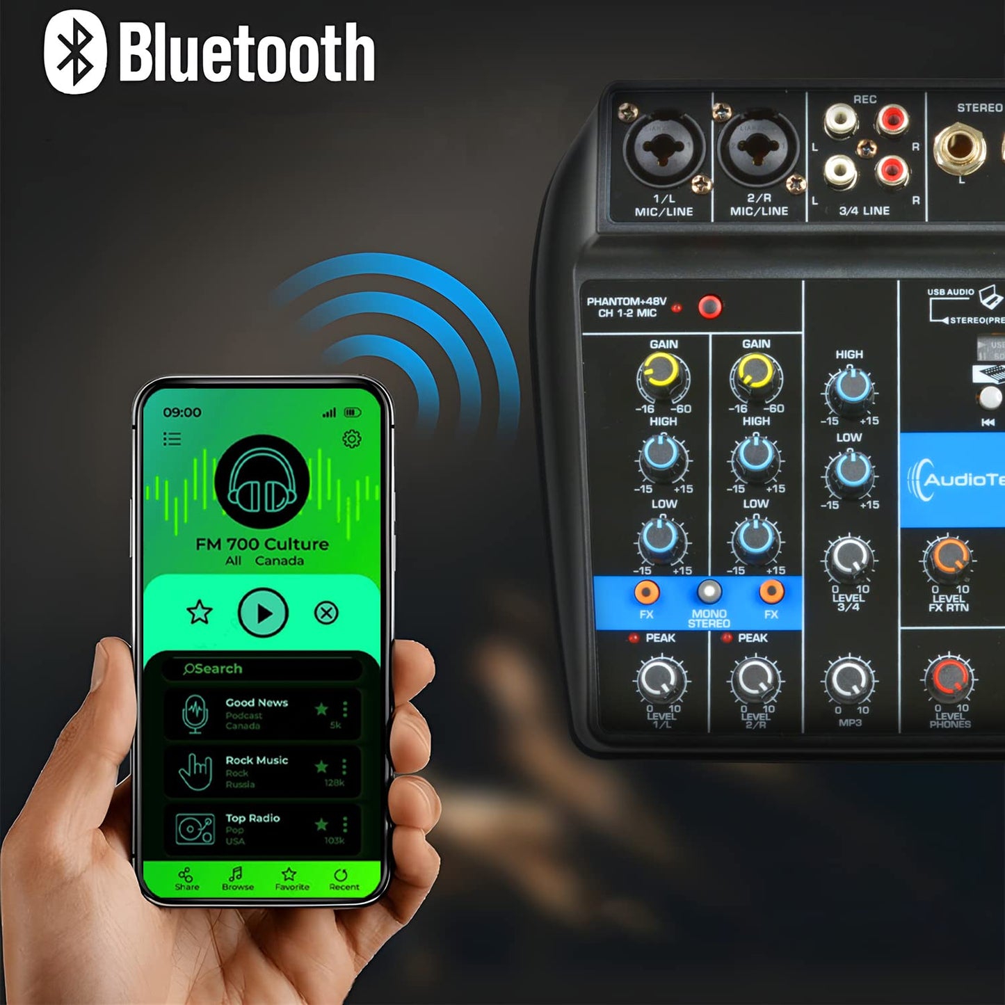 AUDIOTEK Mezcladora de Sonido 4 Canales Control de Efectos Mixer USB Interfaz Bluetooth DJ Potencia de 10 W Conexion Audifonos Phantom Power Consola de Audio Mezcladoras Reproductor y Grabador MP3