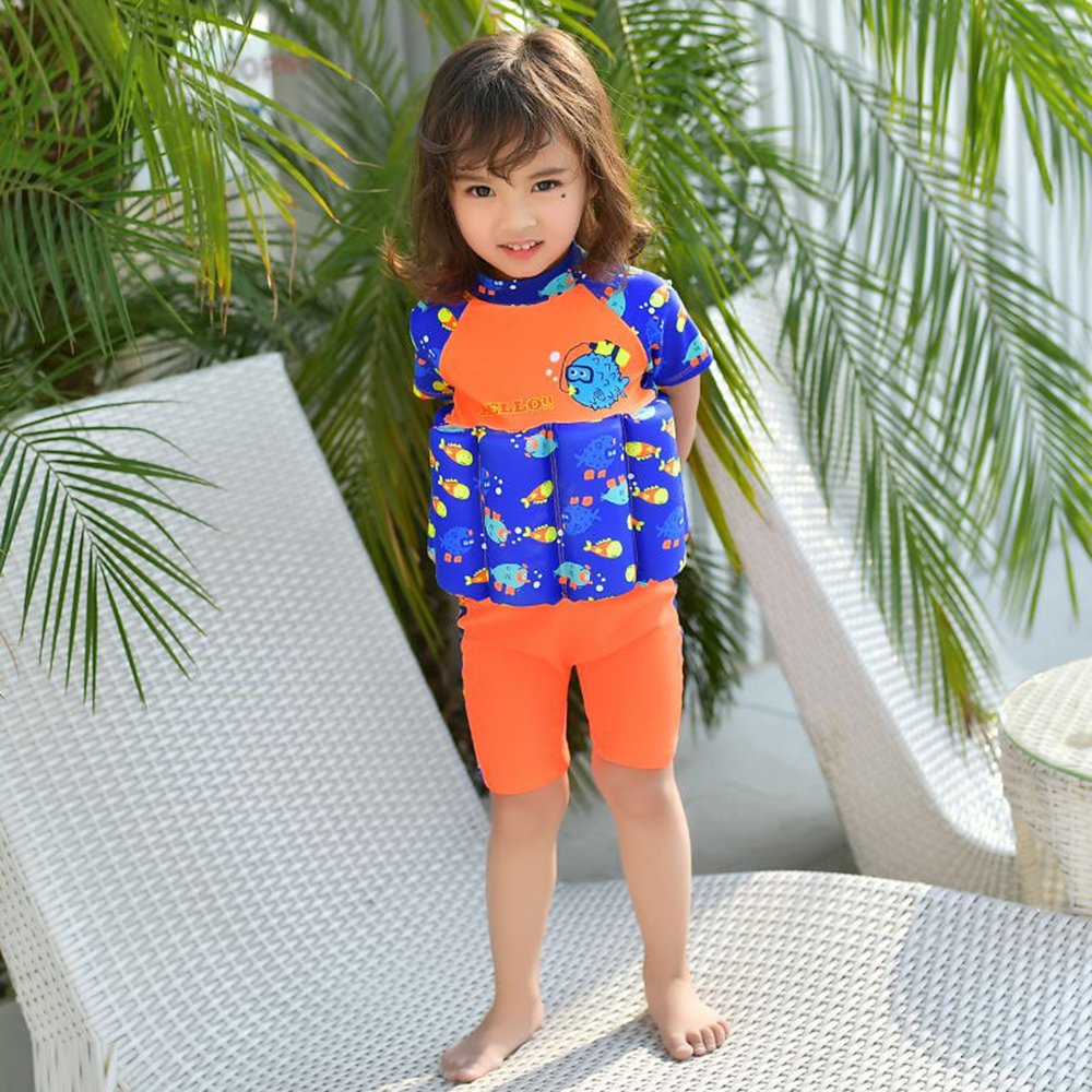ESA Supplies - Bañador Flotante para niños pequeños, Color Naranja y Azul con Gorro de natación y Anillo Hinchable, Anaranjado, Medium