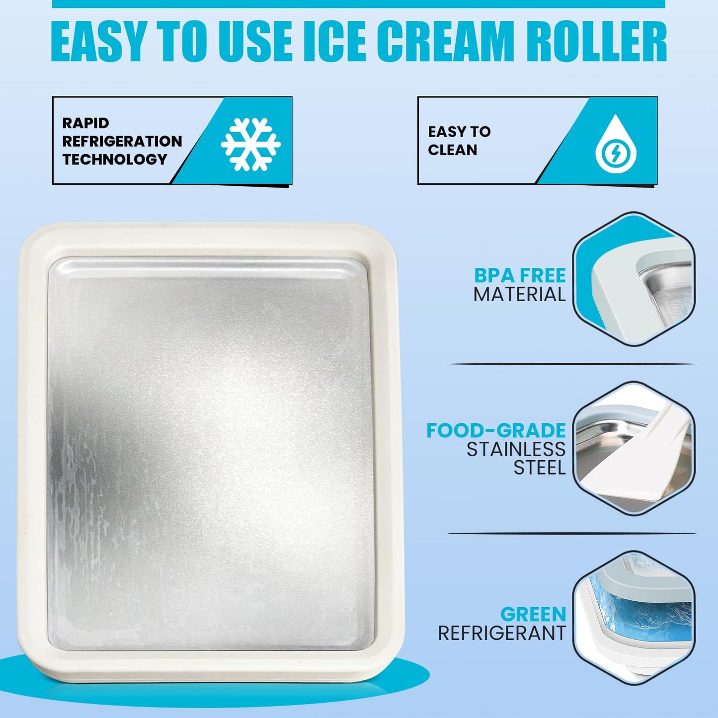 Máquina de helado enrollado extragrande (38.1 x 25.4 cm) – Haz helado instantáneo con la familia – Enrolla tu propio helado – Bandeja de helado enrollada manual