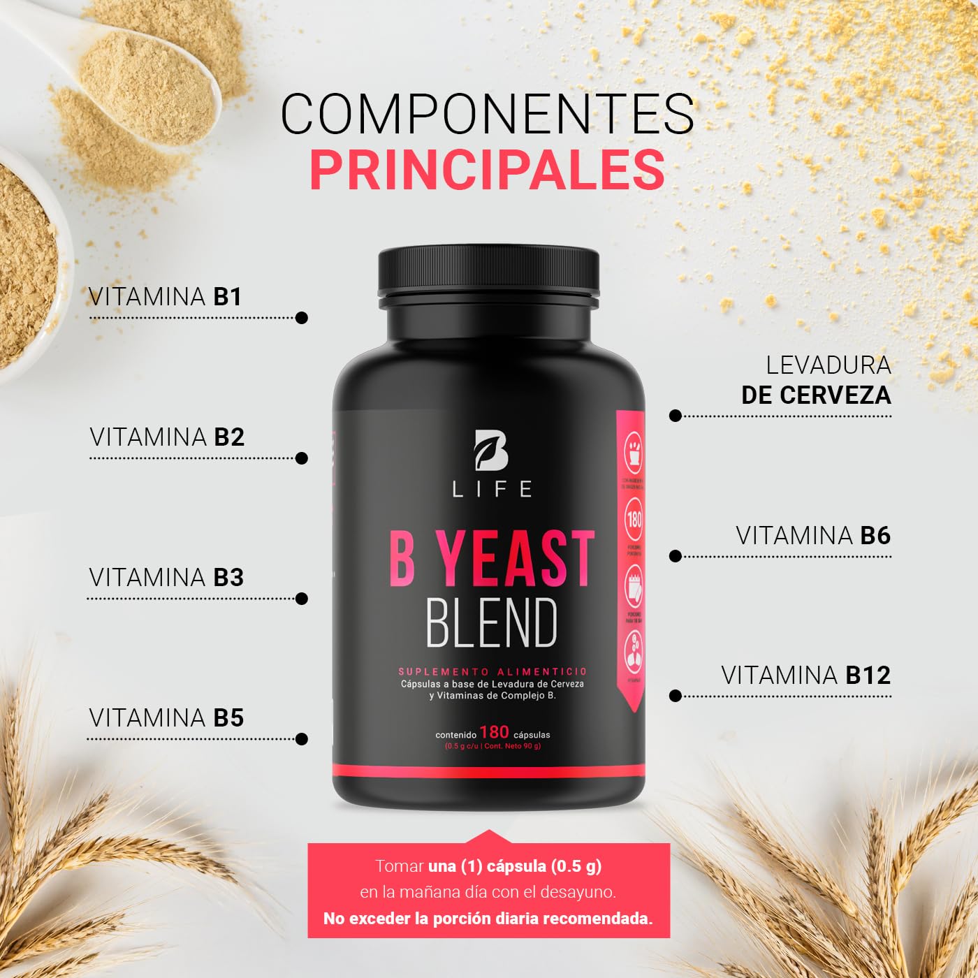 B Life Company Complejo B. Levadura de Cerveza y Vitaminas B1, B2, B3, B5, B6, B12. Ingredientes Naturales con 180 cápsulas de 500 mg. B Yeast Blend