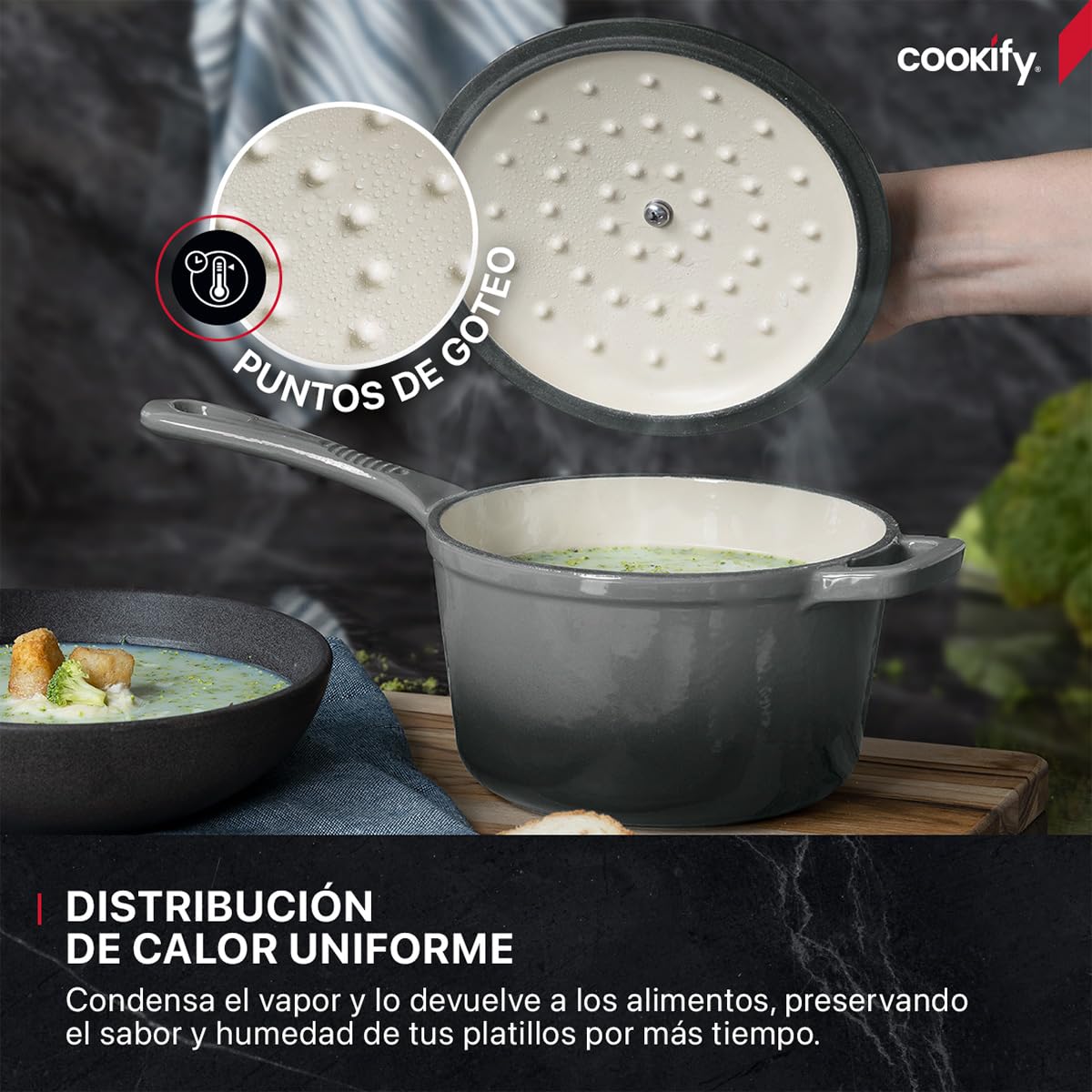 Cookify Olla de Hierro Fundido Esmaltado para Horno y Estufa, Capacidad 1.5 Litros (Gris, 17 cm)