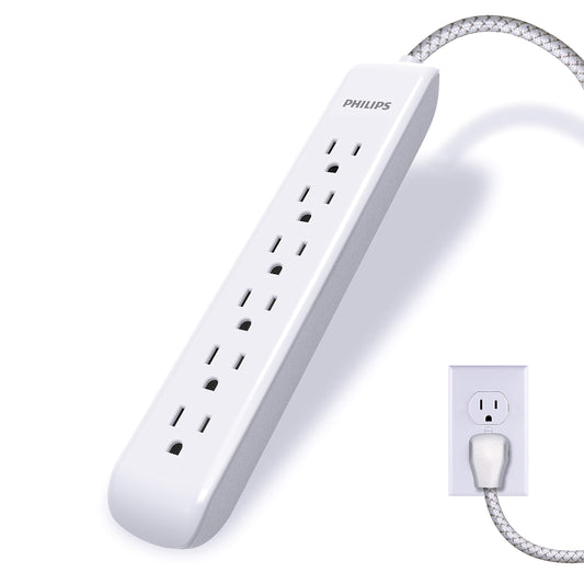 Supresor de Sobretensiones Philips Blanco con Cable Trenzado de 3 m y 6 Salidas para Decoración de Oficina u Hogar