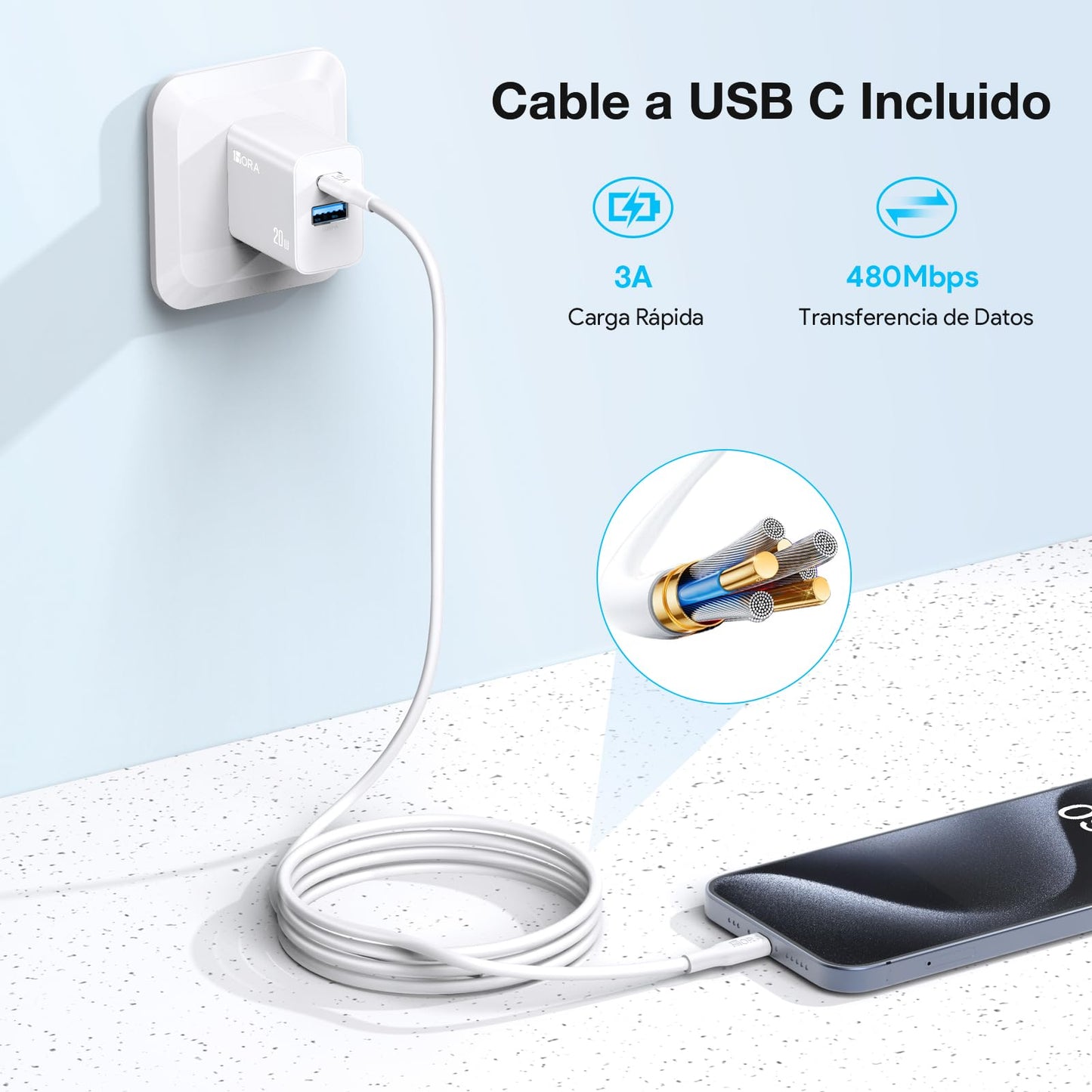 1 Hora Cargador de Carga Rápida 20W 2 en 1 Cargador Tipo C PD 20W + USB A QC 18W, Compatible con IP 15 14 13 Pro MAX XS, Galaxy S23 / S22 / S21+ / Note 10, iPad Pro, Google Pixel