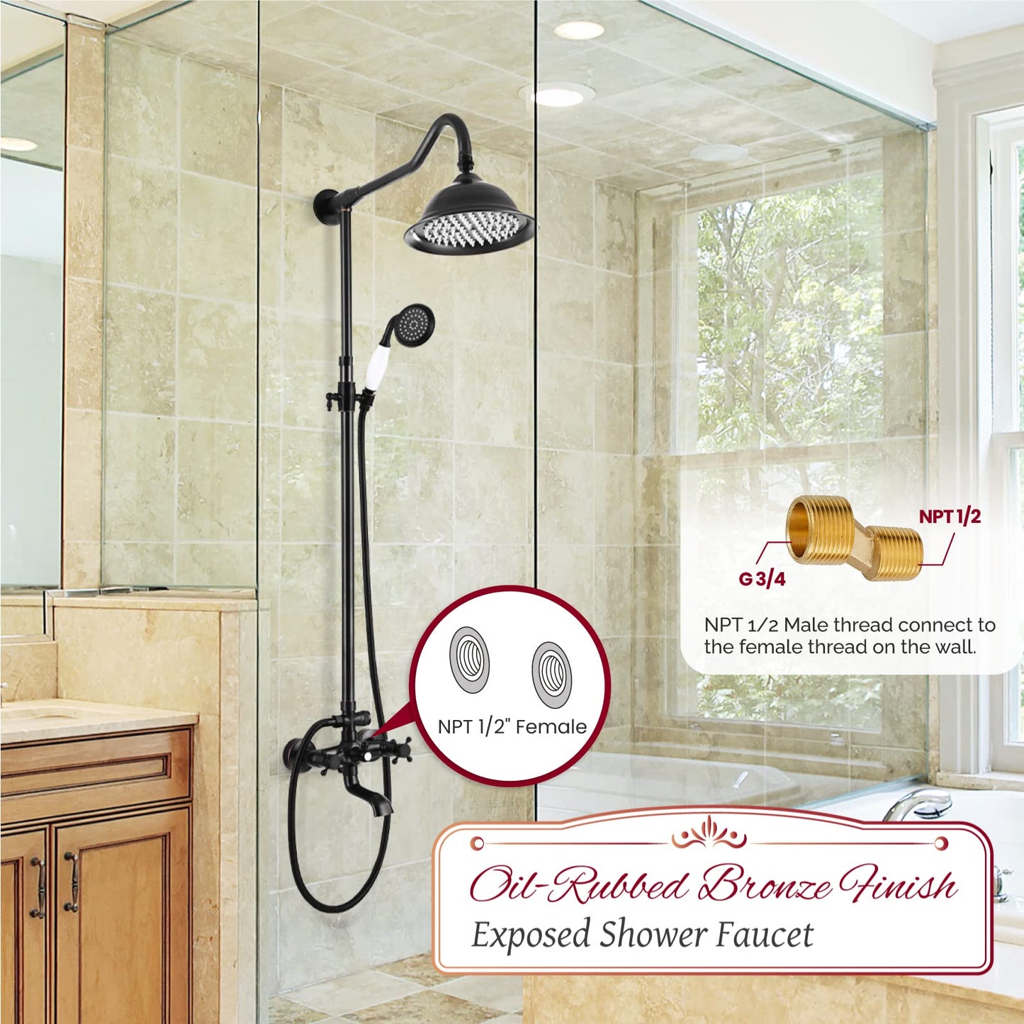 Juego de sistema de ducha expuesto de bronce aceitado para grifo de ducha 8 duchas de lluvia, 2 pomos dobles, mango de triple función, boquilla de tina, juego de unidad combinada de 12 pulgadas de extensión incluida