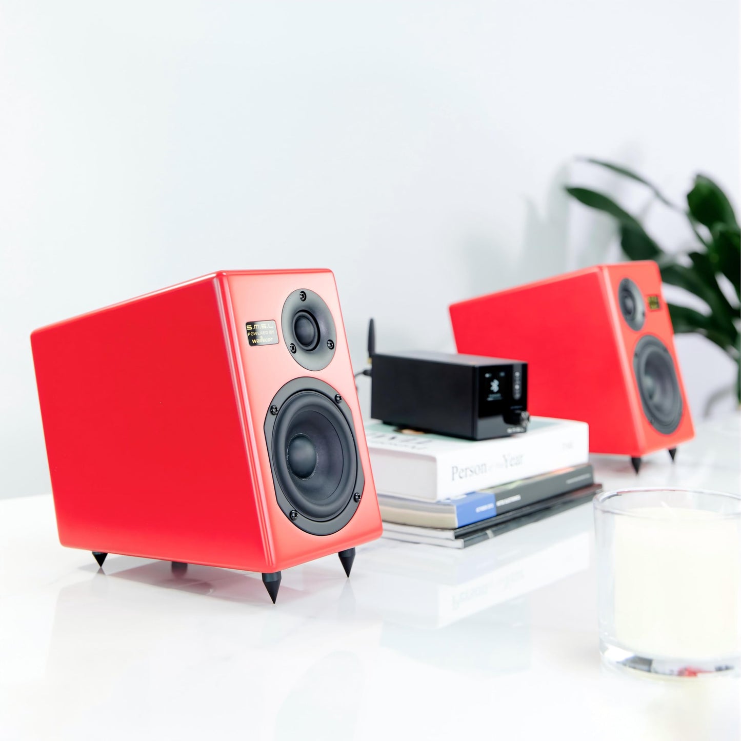 S.M.S.L - Sistema de altavoces pasivos Tabebuia para estantería, controladores Wavecor personalizados, 100 W por canal, respuesta de 56 Hz-32 kHz, distancia de pared ajustable con picos (par) (rojo)