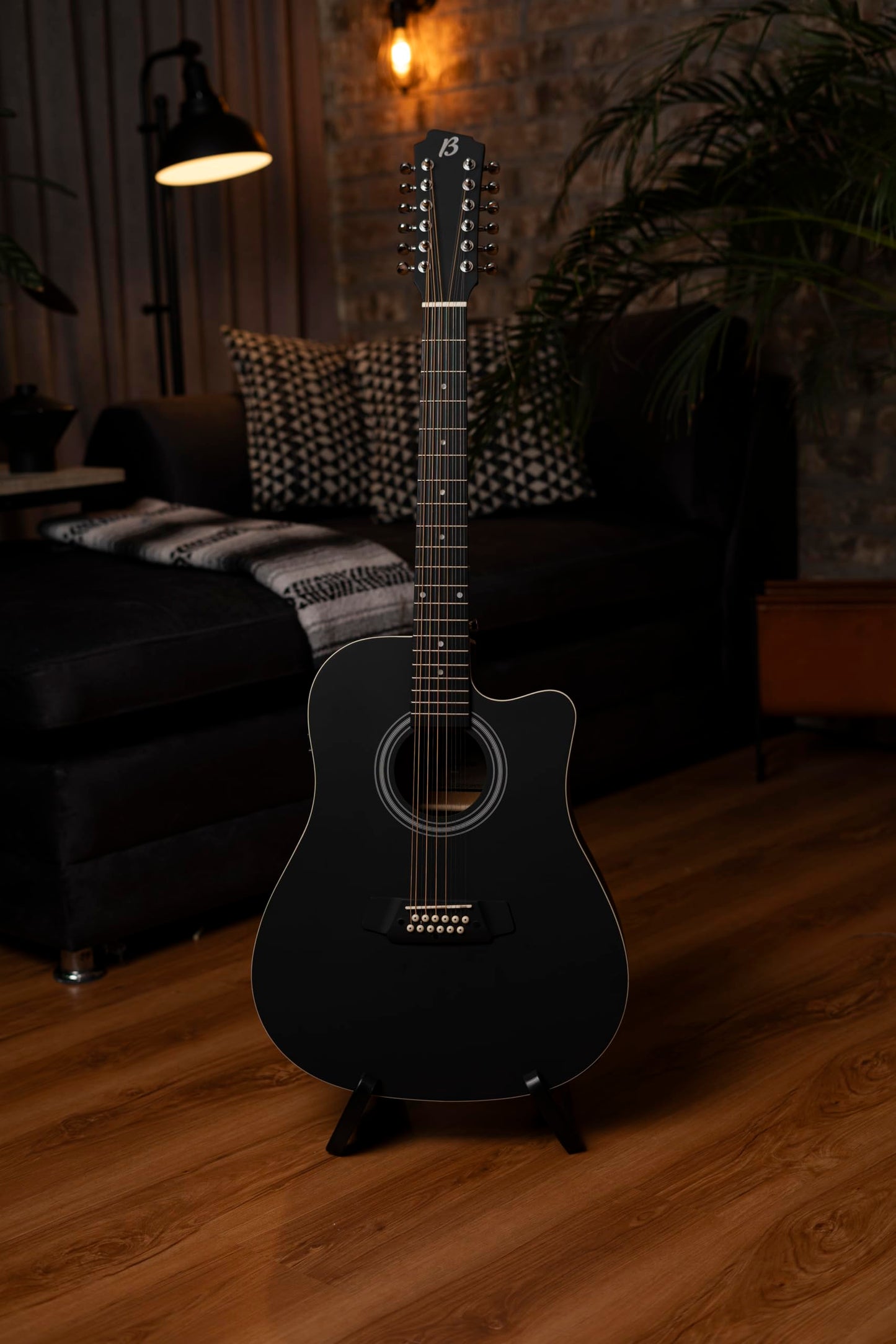 BAMBOO, Docerola Guitarra Acustica 12 cuerdas Negra, Electroacustica, Bridge Doctor, Funda, 42 pulgadas, madera Linden, Equalizador con afinador.