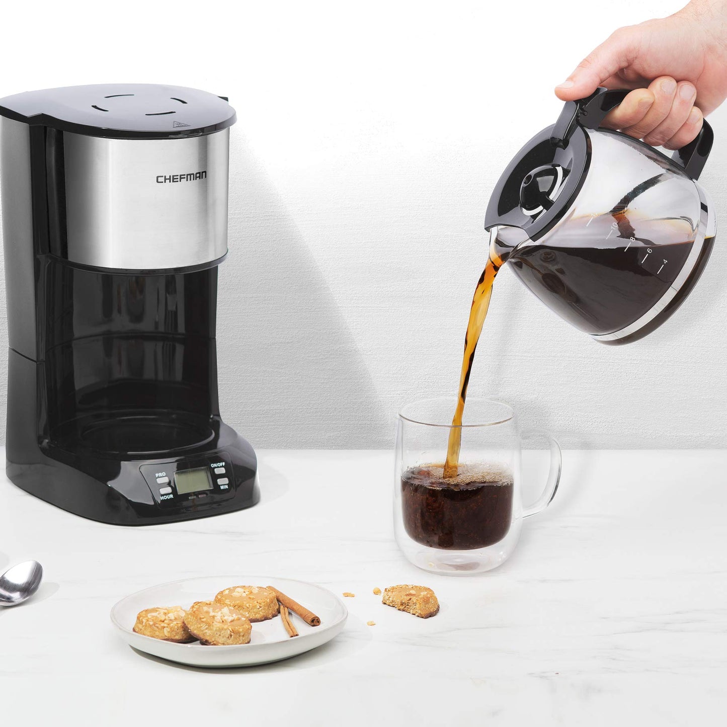 Chefman | Cafetera Programable | 12 tazas | Goteo | Filtro Reutilizable | Acero Inoxidable