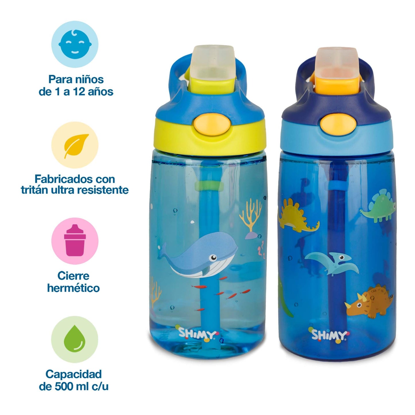 Termos SHIMY Azul y Verde con Tapa a Prueba de Fugas y Popote de Silicón para Niños