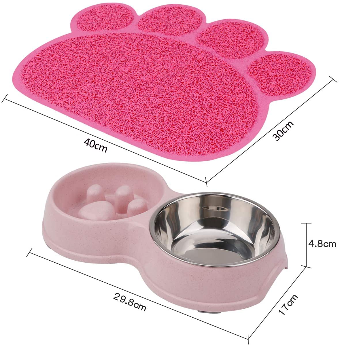 FUXINGONE Comedero para Perros y Gato, Platos para Mascota de Acero Inoxidable con tapete Antideslizante, Tazones Dobles para Agua y Comida, para Perros y Gatos (Rosa)
