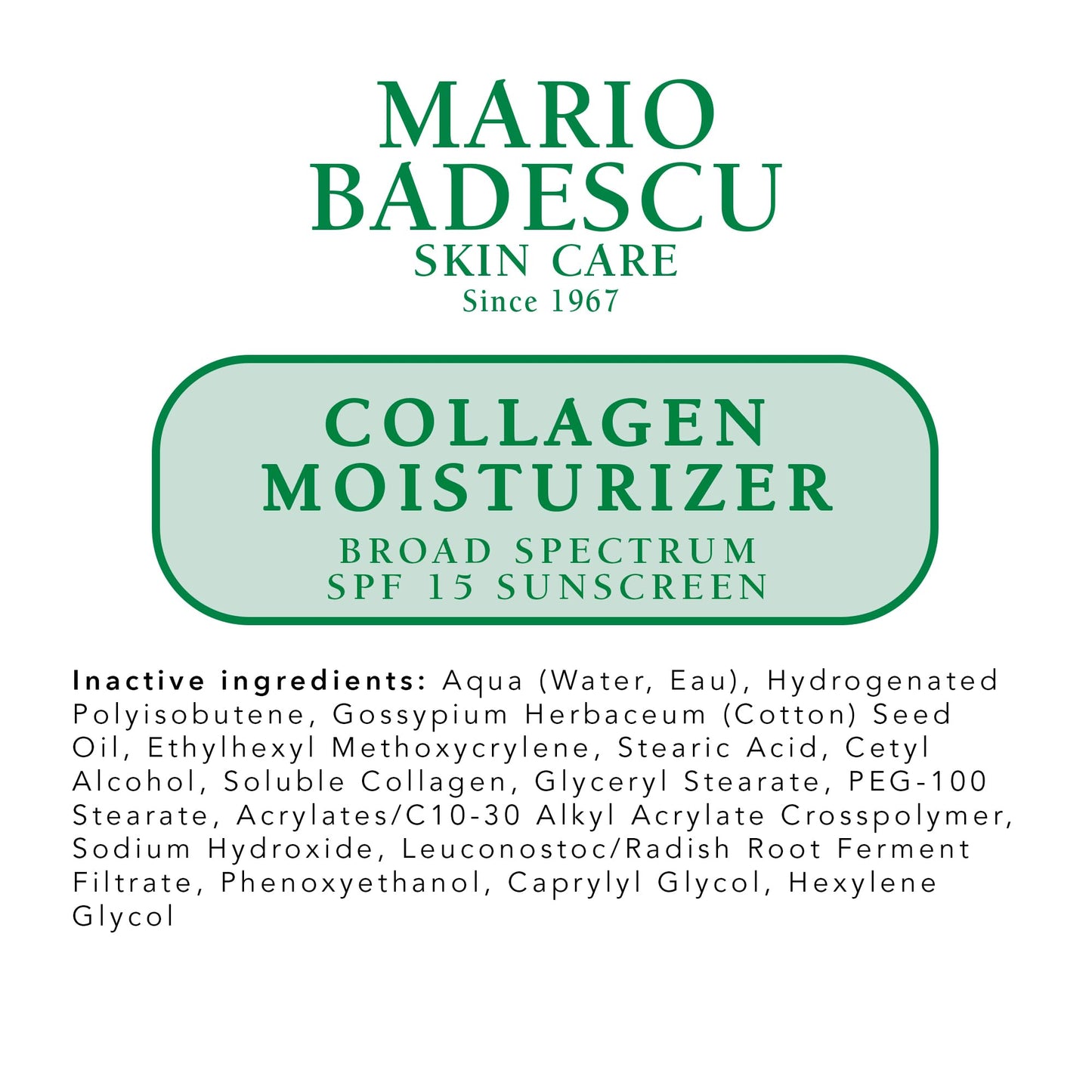 Mario Badescu Hidratante facial de colágeno para mujeres y hombres con SPF 15 para piel mixta y sensible, crema facial hidratante diurna con colágeno y aceite de semilla de algodón, 59 ml