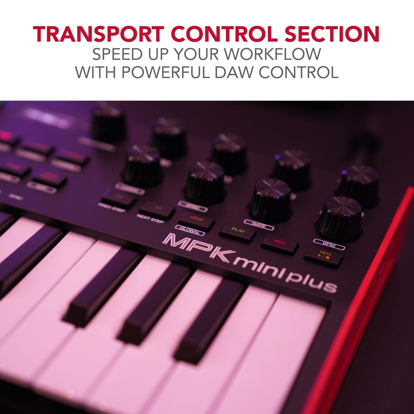 Akai Professional MPK Mini Plus - Teclado Controlador MIDI USB de 37 Mini Teclas con 8 Pads MPC, Secuenciador, MIDI/CV/Gate I/O, Software de Producción y Native Instruments Sound Package