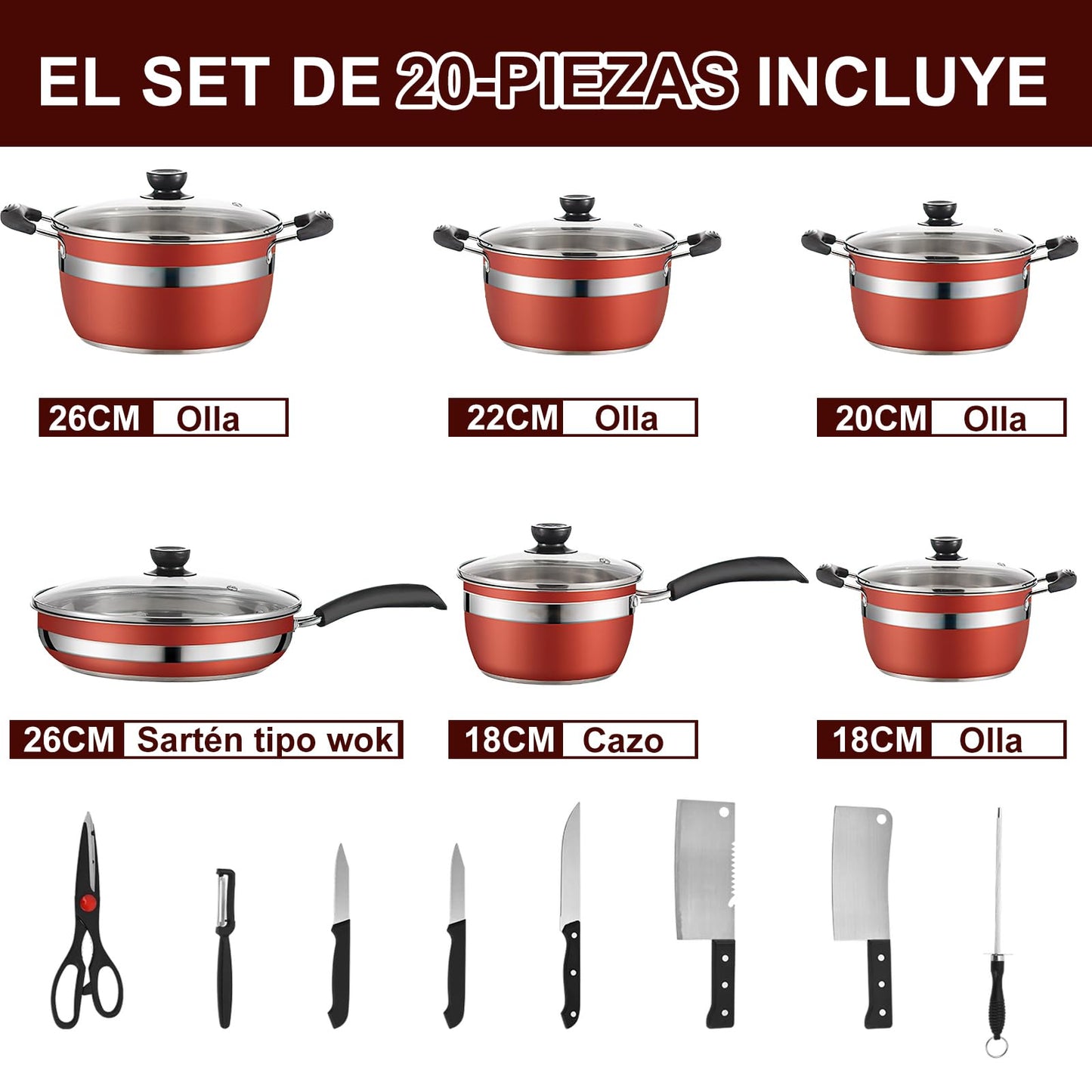 Batería de Cocina NOVRY rojo Antiadherente de Acero Inoxidable para Estufas de Inducción, Eléctricas y Gas 14 Piezas con Cuchillos