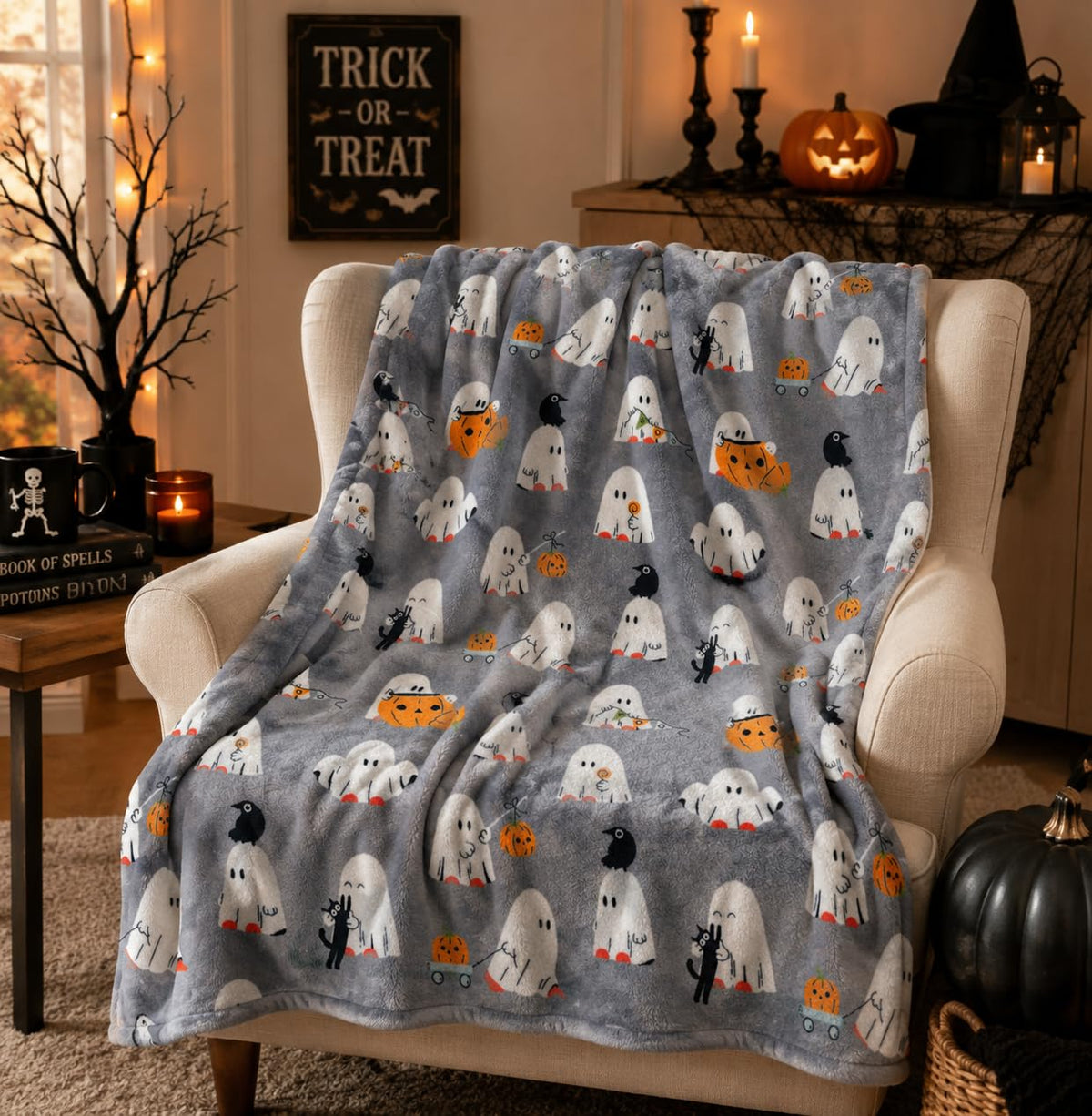 Manta de forro polar de fantasma de Halloween: fiesta de fantasmas de bebé sobre fondo gris, manta de terciopelo de felpa suave para sofá, cama, recámara, 127 x 177 cm