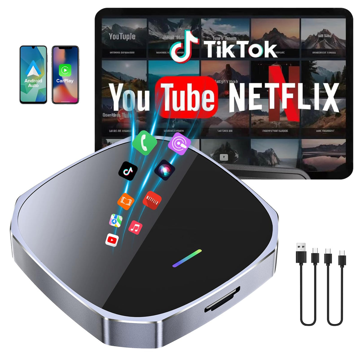 Adaptador Inalámbrico 2 en 1 Magic AI Box Streaming para Apple CarPlay y Android Auto 2026 Compatible Netflix YouTube coche