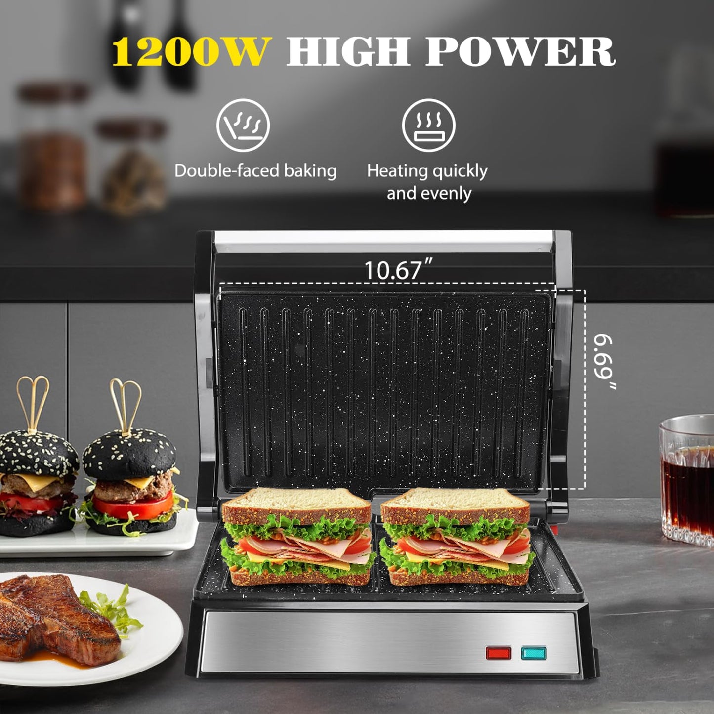 Aigostar Prensa Panini, 1200 W, Parrilla Eléctrica Interior, Placas de Cerámica Antiadherentes, Abre 180° para Adaptarse a Cualquier Tamaño de Alimentos, Negro