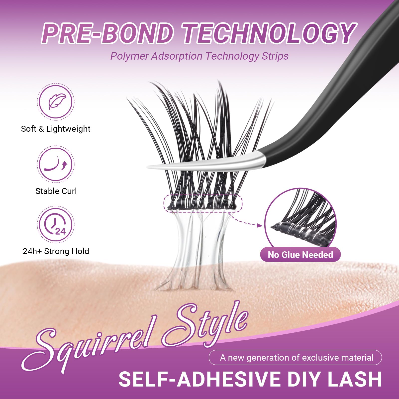 NAGARAKU Grupos De Pestañas Autoadhesivos Para 48 Pcs No Necesita Pegamento Ni Removedor Presión En Un Solo Paso Pestañas Reutilizables Prepegadas En Casa Estilo Ardilla (SA-19, 0.07 C Curl 12-14mm)