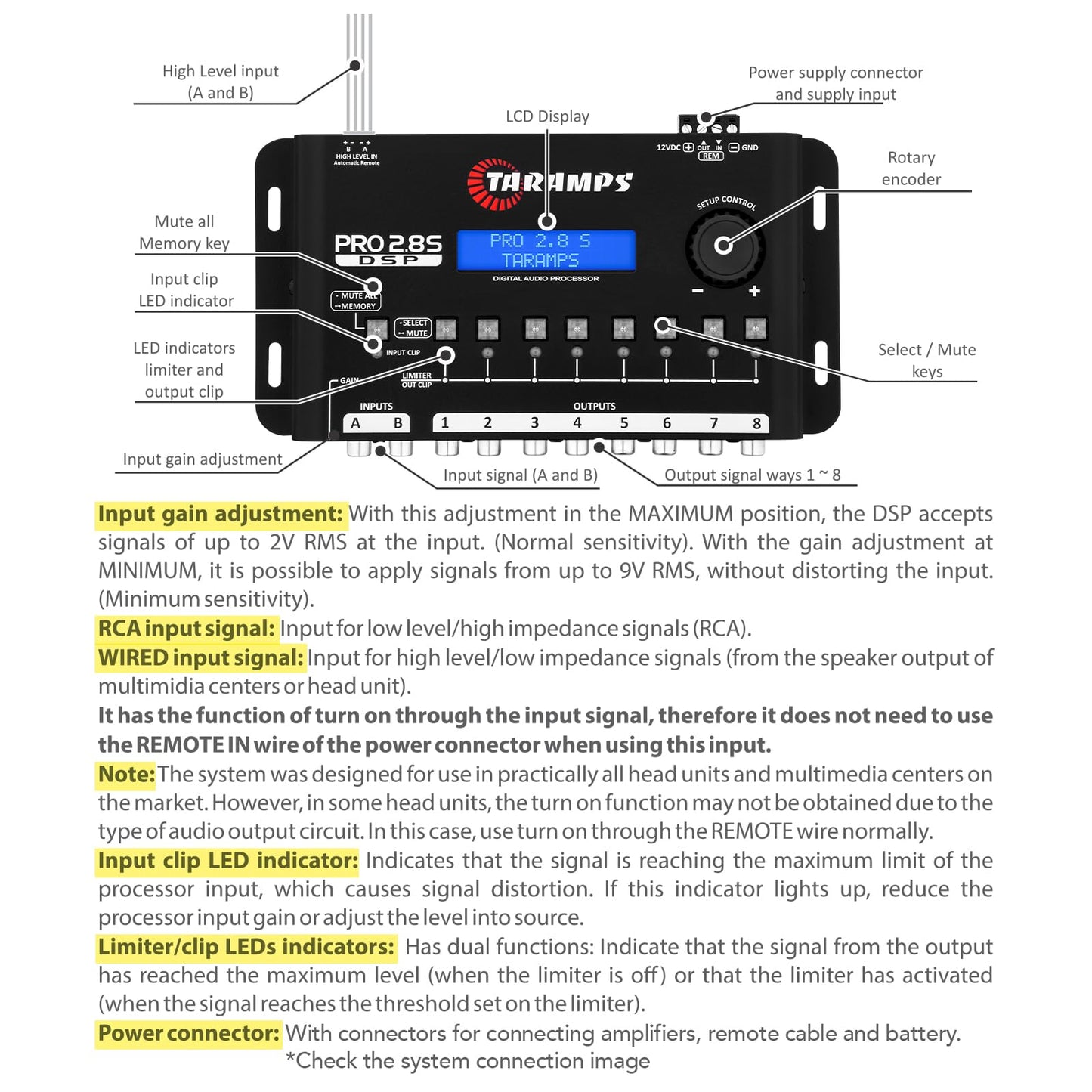 Taramps Pro 2.8S Negro DSP Crossover Procesador de Audio de señal Digital Completo y Ecualizador con secuenciador Ecualización gráfica de 15 Bandas 12 EQ preestablecidos 2 Canales y 8 Canales Salida