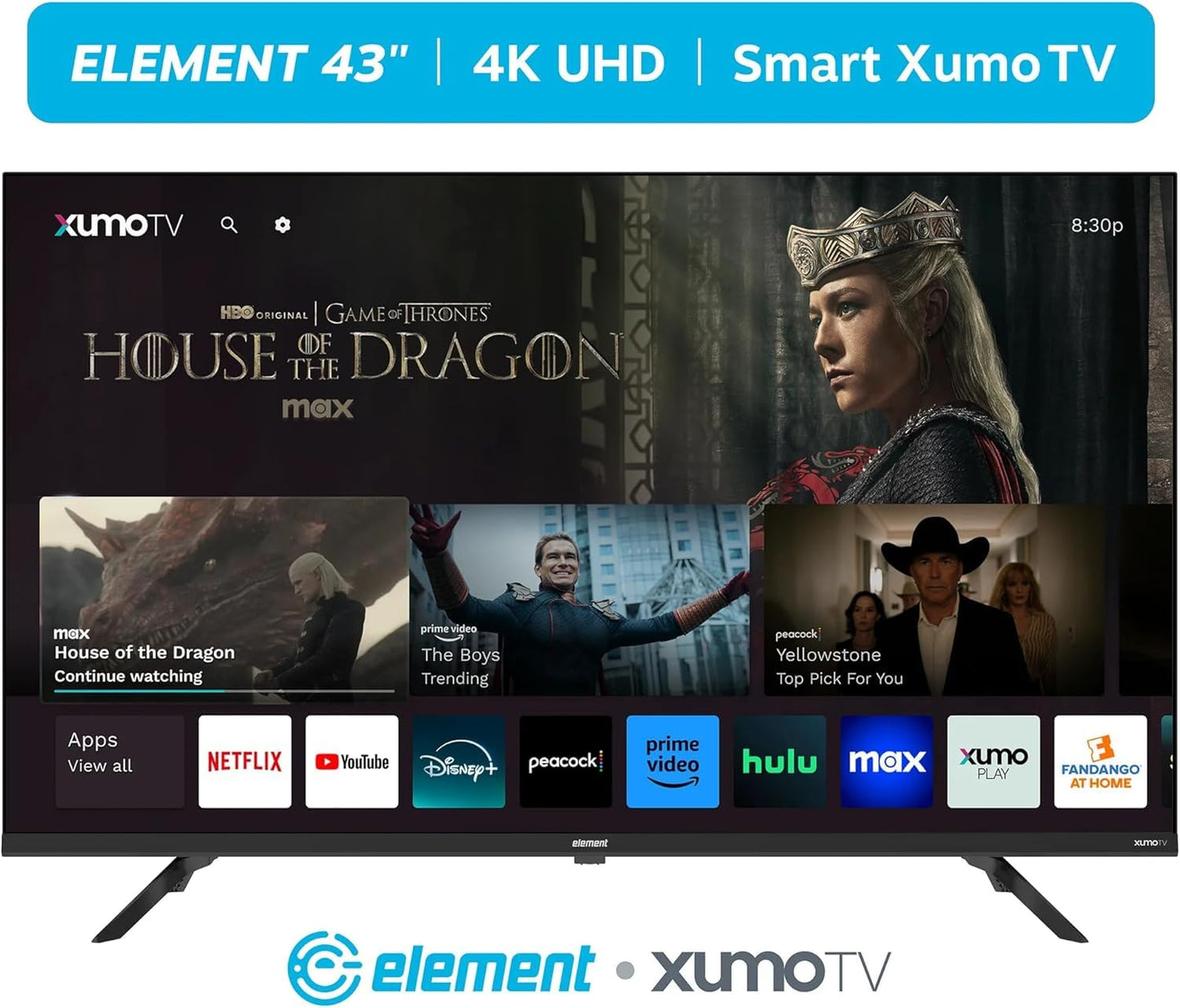 Element Television de 43 Pulgadas Class 550 Series 4K UHD Sin Marco Pantalla Xumo Wi-Fi 60 Hz Dolby Vision Bluetooth Modelo E550AE43C (Reacondicionado)