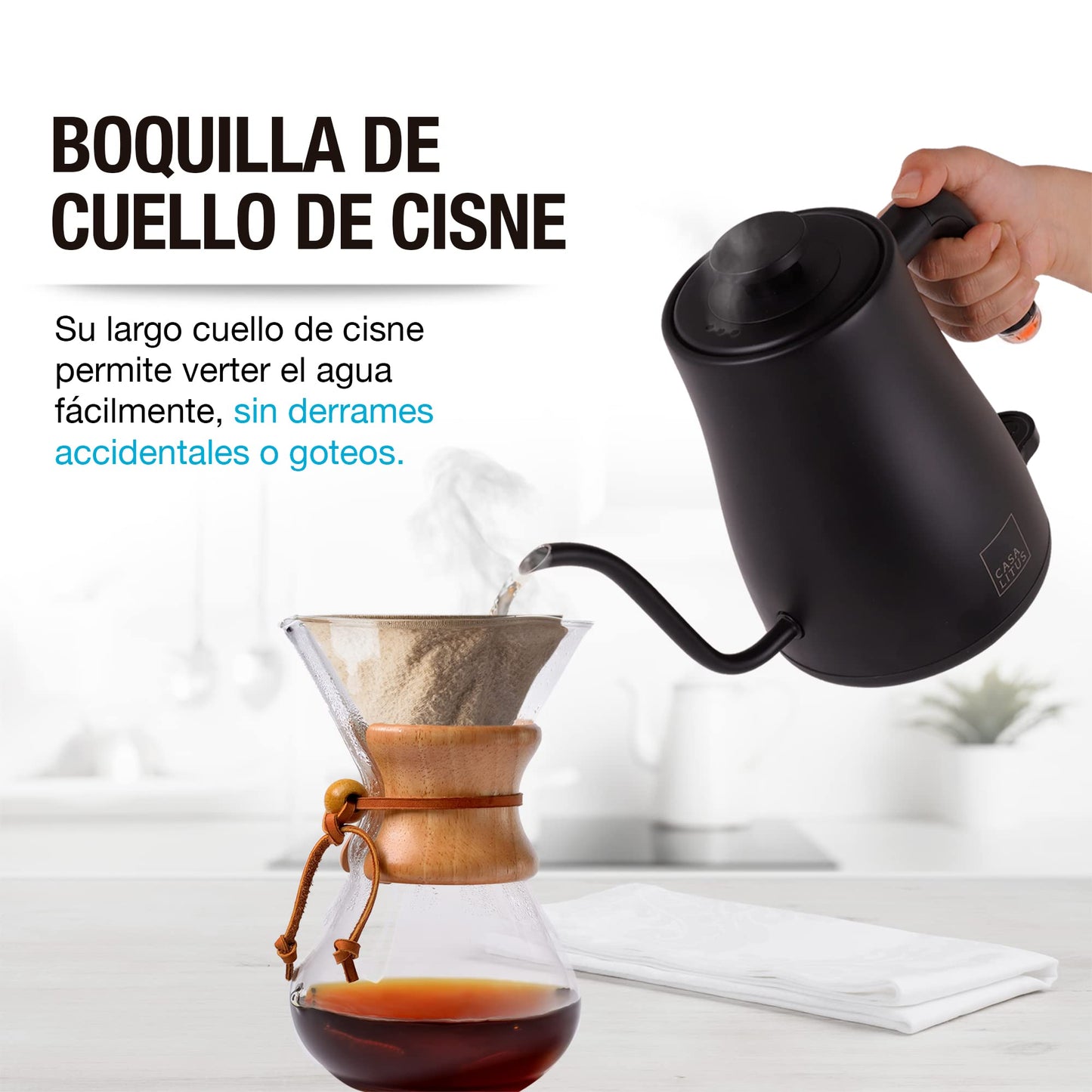 CASA LITUS Tetera Eléctrica de Acero Inoxidable con Cuello de Cisne, Hervidor de Agua Eléctrico con Apagado Automático y Tapa Hermética, Jarra para Preparar Café, Té y más, Cap. 1 Litro, Mod. Hamburgo