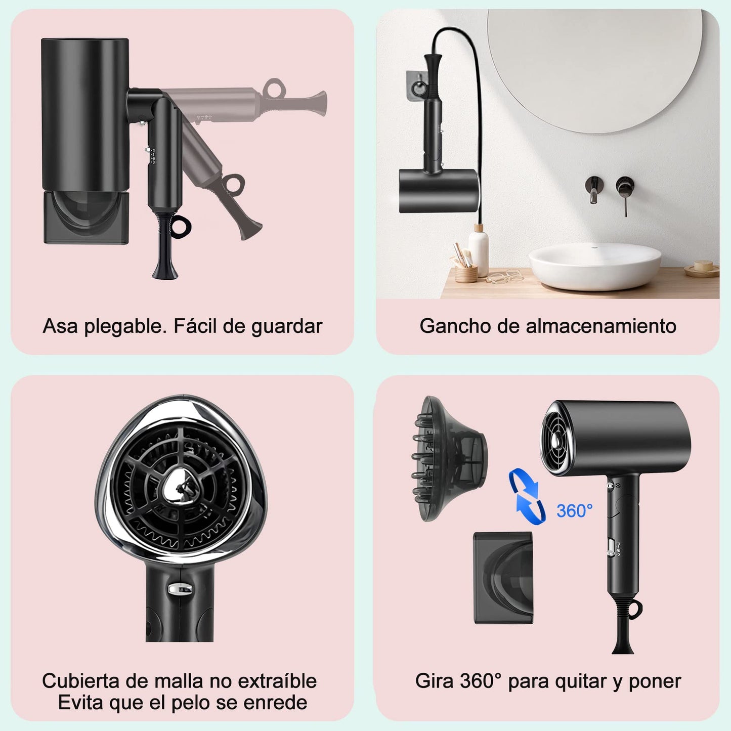 Charlemain Secadora de Cabello de Iónico Negativo, 1800W Secadora de Pelo Profesional con 3 Temperatura Ajustable, Secador de Soplado Plegable con 1 Boquilla de Cabeza Soplado y 1 Difusor (Negro)