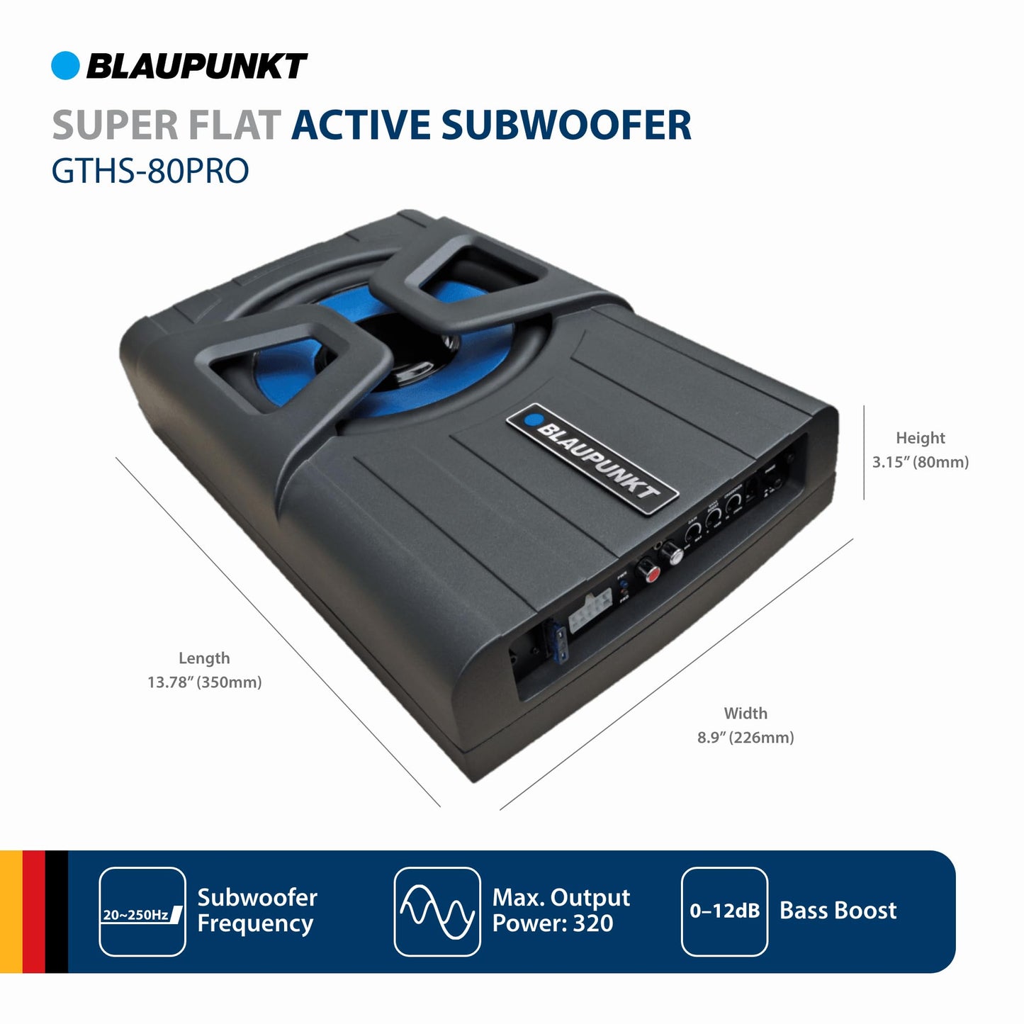 BLAUPUNKT GTHS80PRO - Caja de subwoofer amplificada de 8 Pulgadas, Sistema de Altavoces de Audio para Coche, Amplificador Incorporado Debajo del Asiento simplifica la instalación
