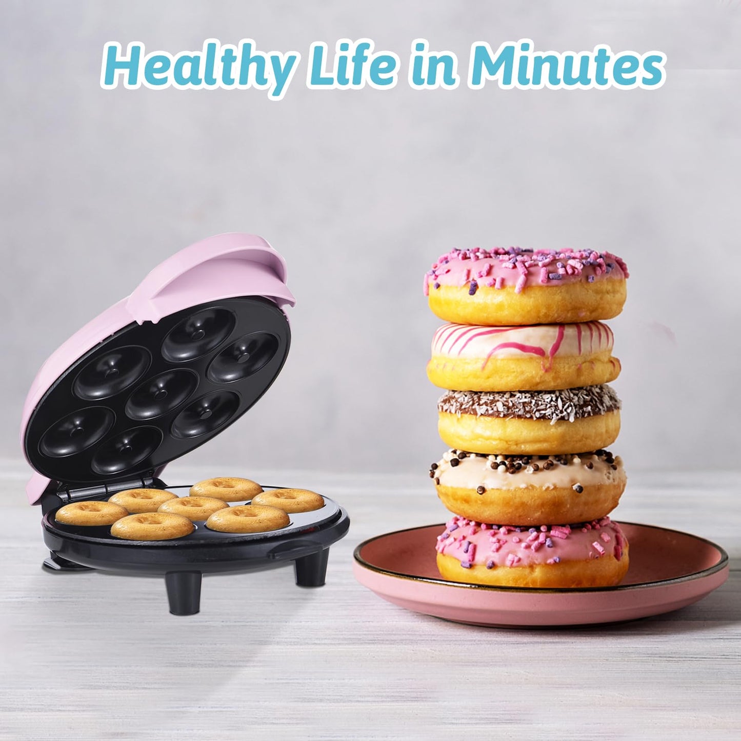 KONDIAN Dash Mini Donut Maker Machine Hace 7 Donuts 700W Calefacción de Doble Cara Recubrimiento Antiadherente Máquina Eléctrica para Hacer Donuts para Desayuno para Niños Postre Merienda Perfecto